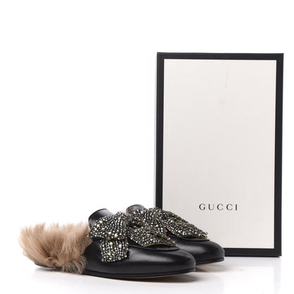 Gucci Malaga Kid Fur Crystal Bow Embroidered Womens Princetown Slippers 38 Black 10 of 10