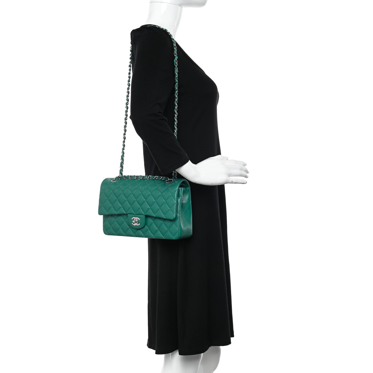 Chanel Caviar Quilted Medium Double Flap Green 2 of 13