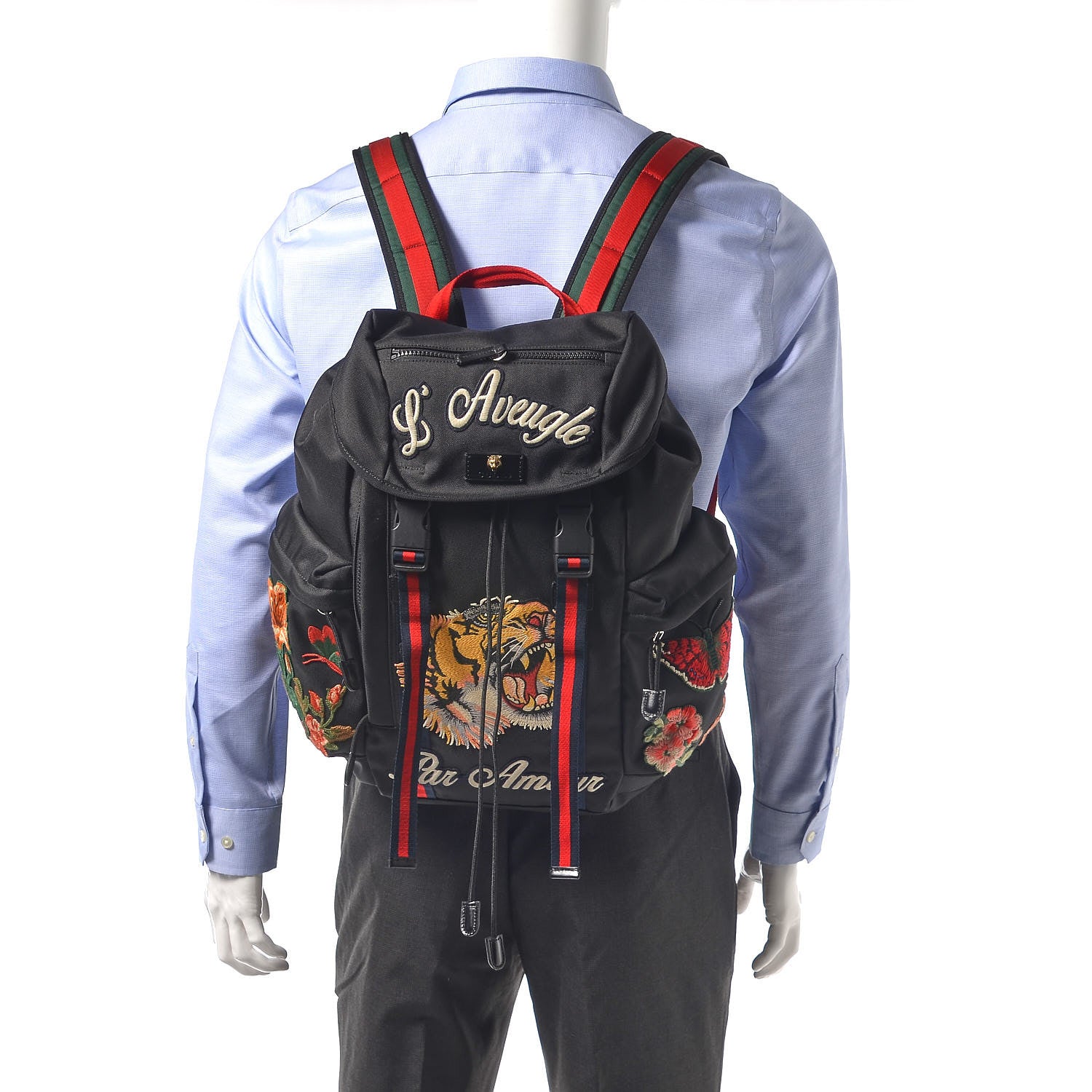 Gucci Techno Canvas Web L'Aveugle Par Amour Embroidered Double Buckle Backpack Black 2 of 9