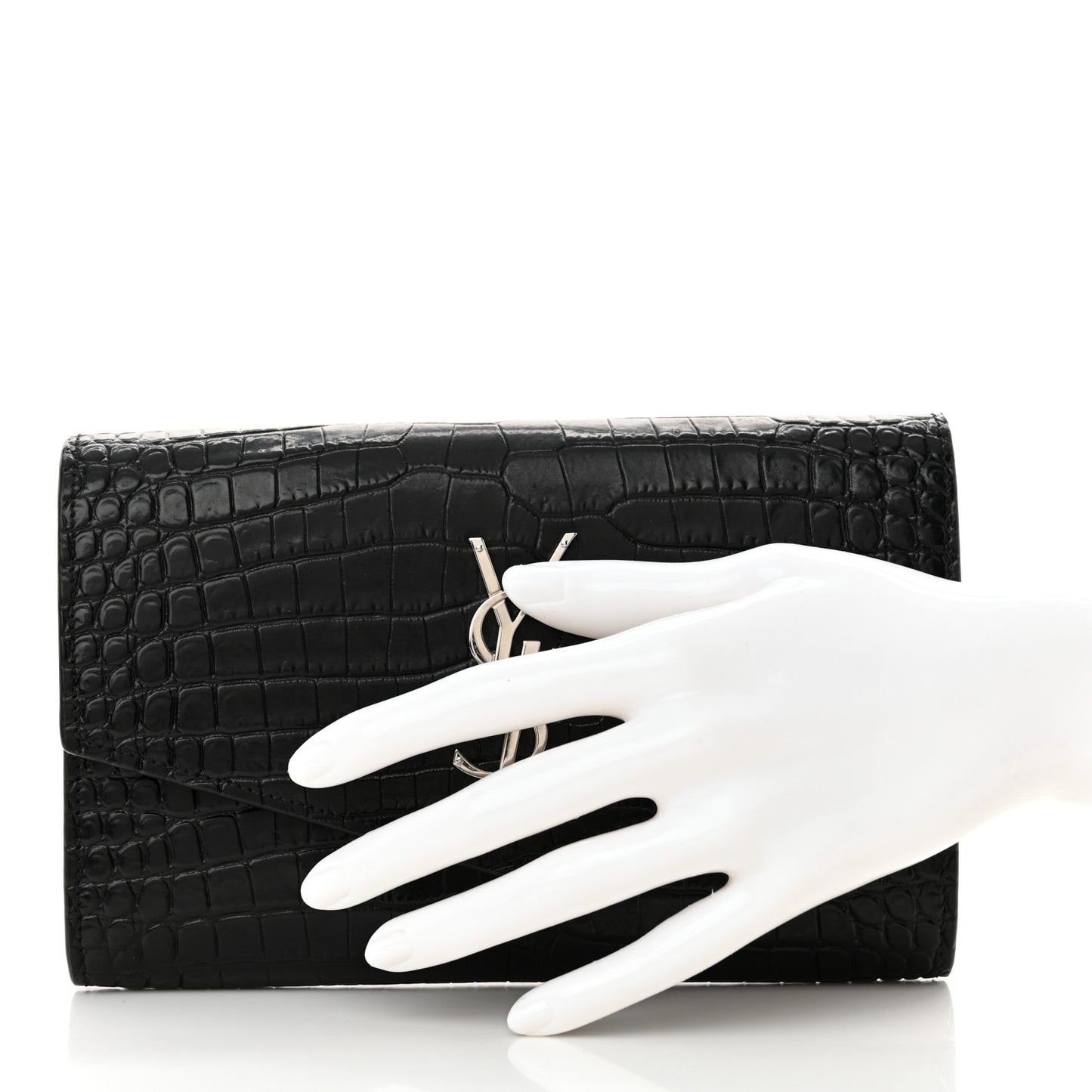Calfskin Crocodile Embossed Monogram Uptown Chain Wallet Black