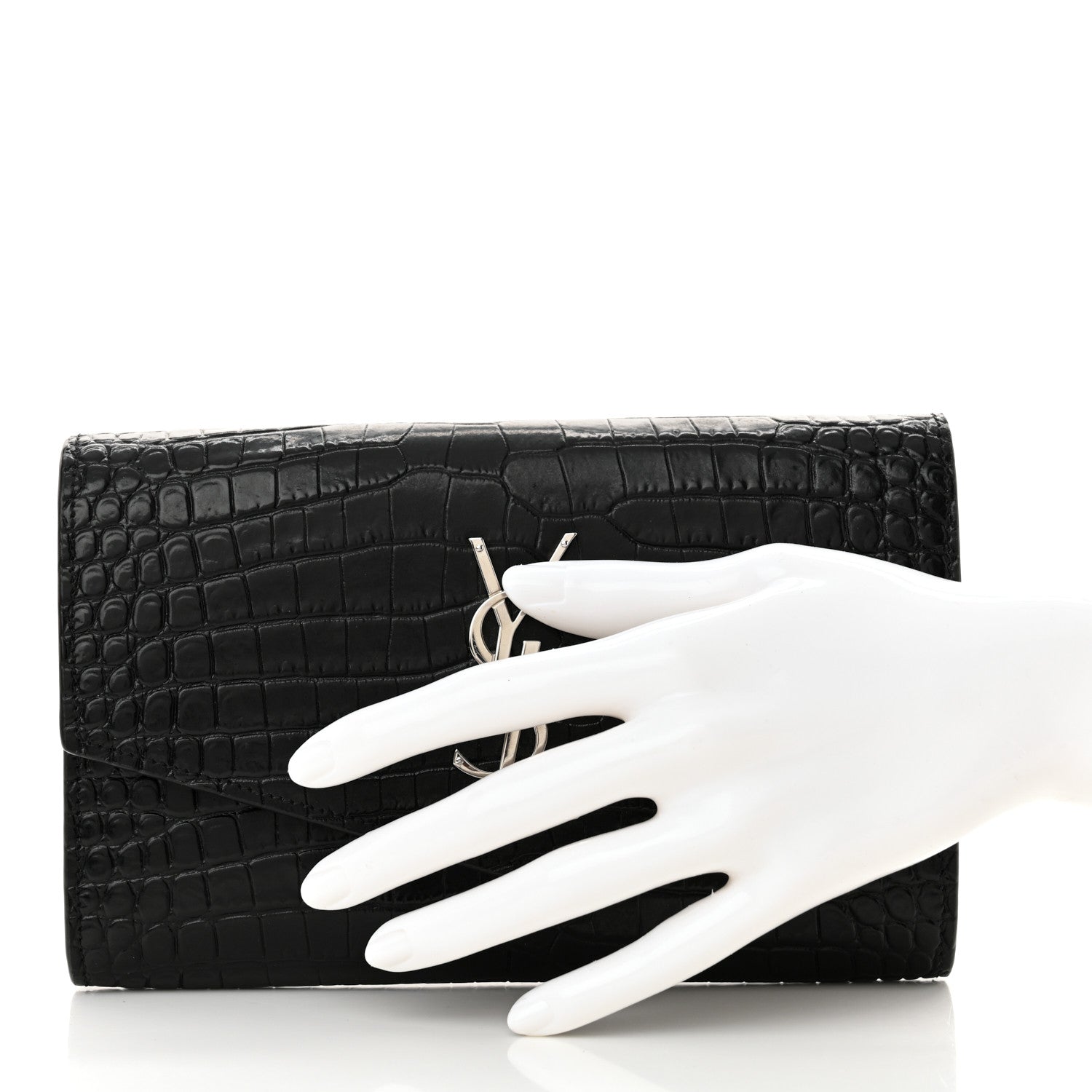 Saint Laurent Calfskin Crocodile Embossed Monogram Uptown Chain Wallet Black 2 of 11