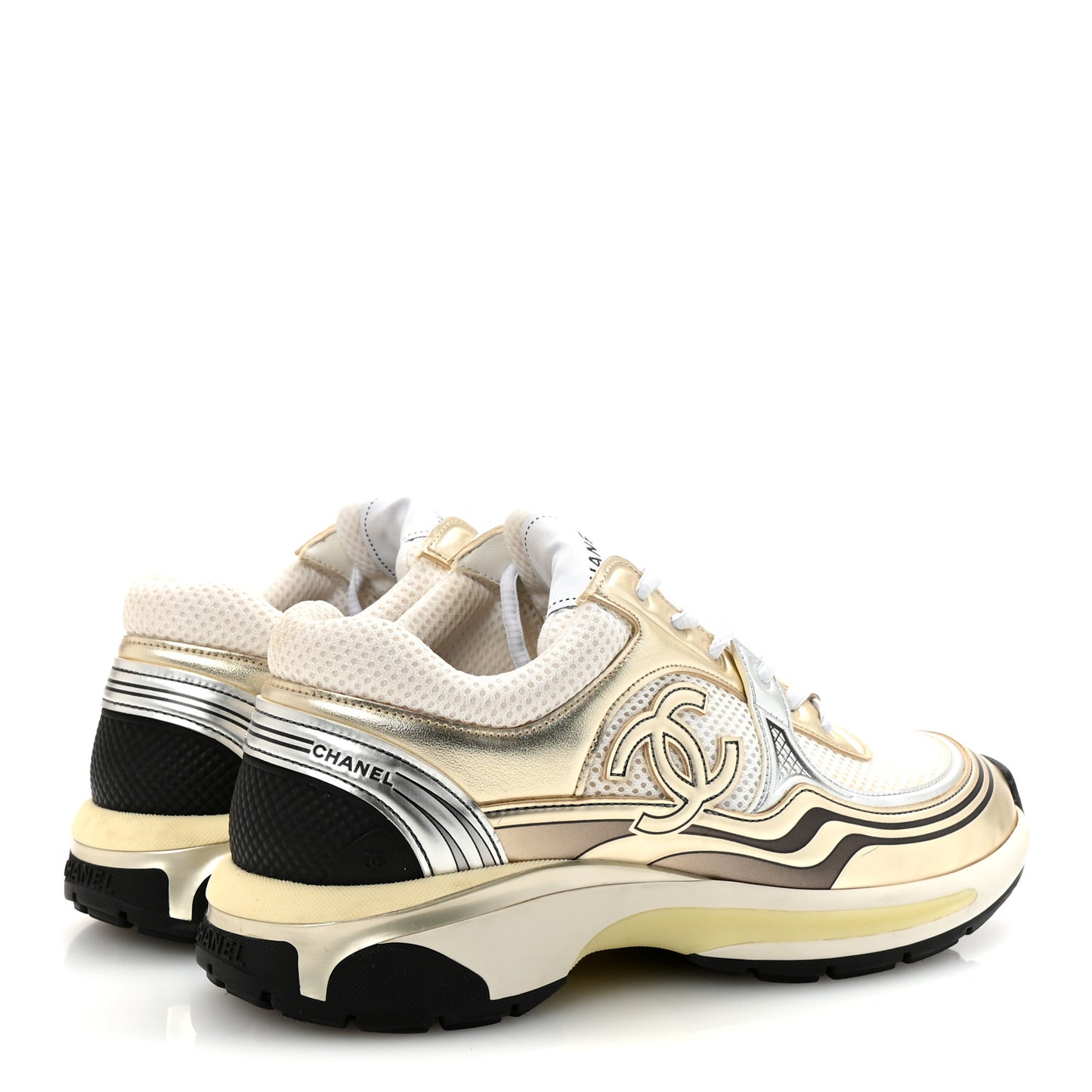 Fabric Laminated Calfskin Stretch CC Womens Sneakers 40 White Gold Silver