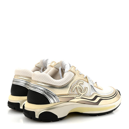 Chanel Fabric Laminated Calfskin Stretch CC Womens Sneakers 40 White Gold Silver 5 of 10
