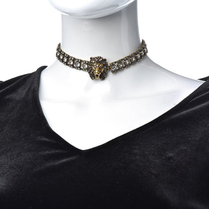 Gucci Metal Crystal Lion Head Choker Necklace Aged Gold 2 of 5