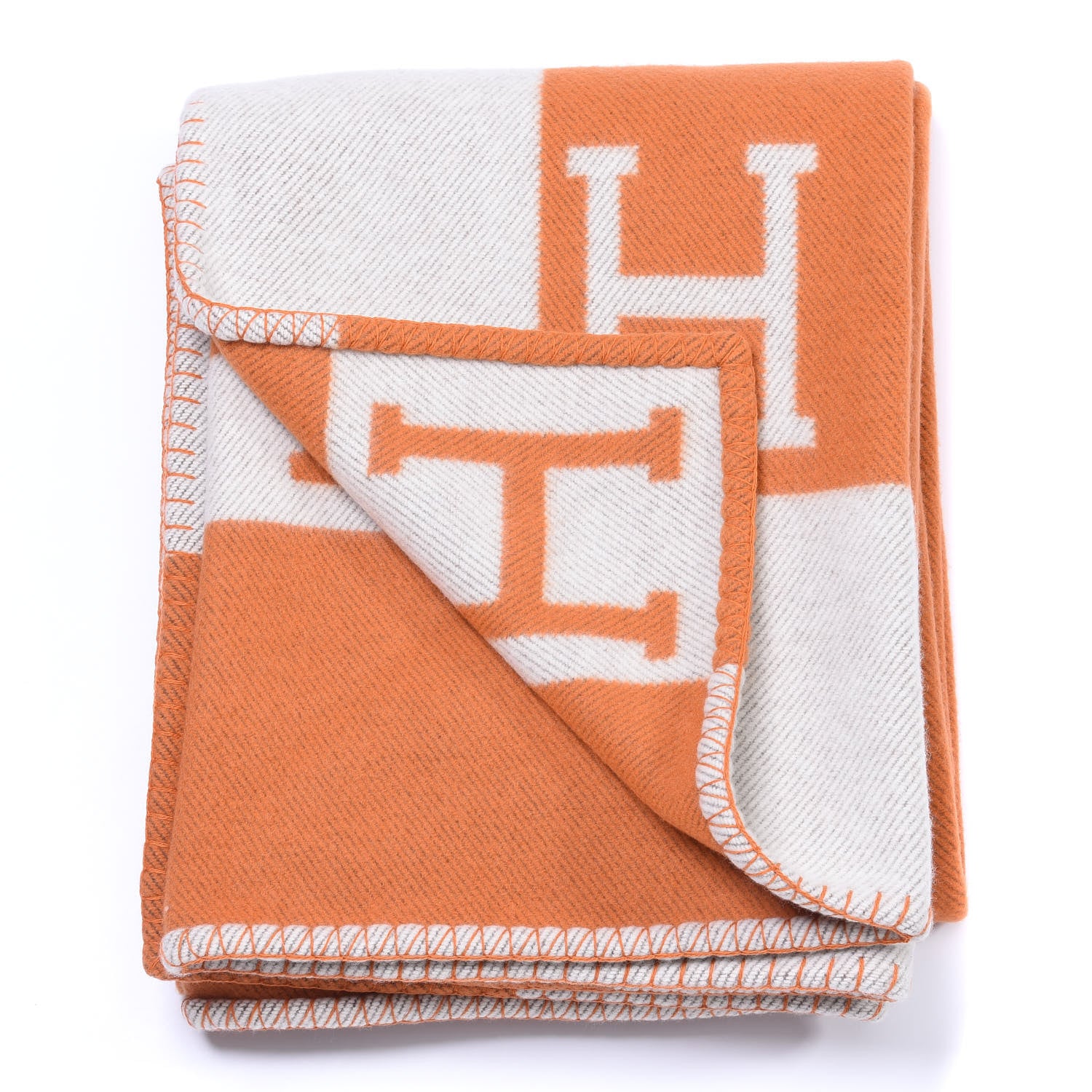 Hermes Wool Cashmere Signature Classic Avalon Blanket Ecru Potiron 2 of 3