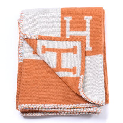 Hermes Wool Cashmere Signature Classic Avalon Blanket Ecru Potiron 2 of 3