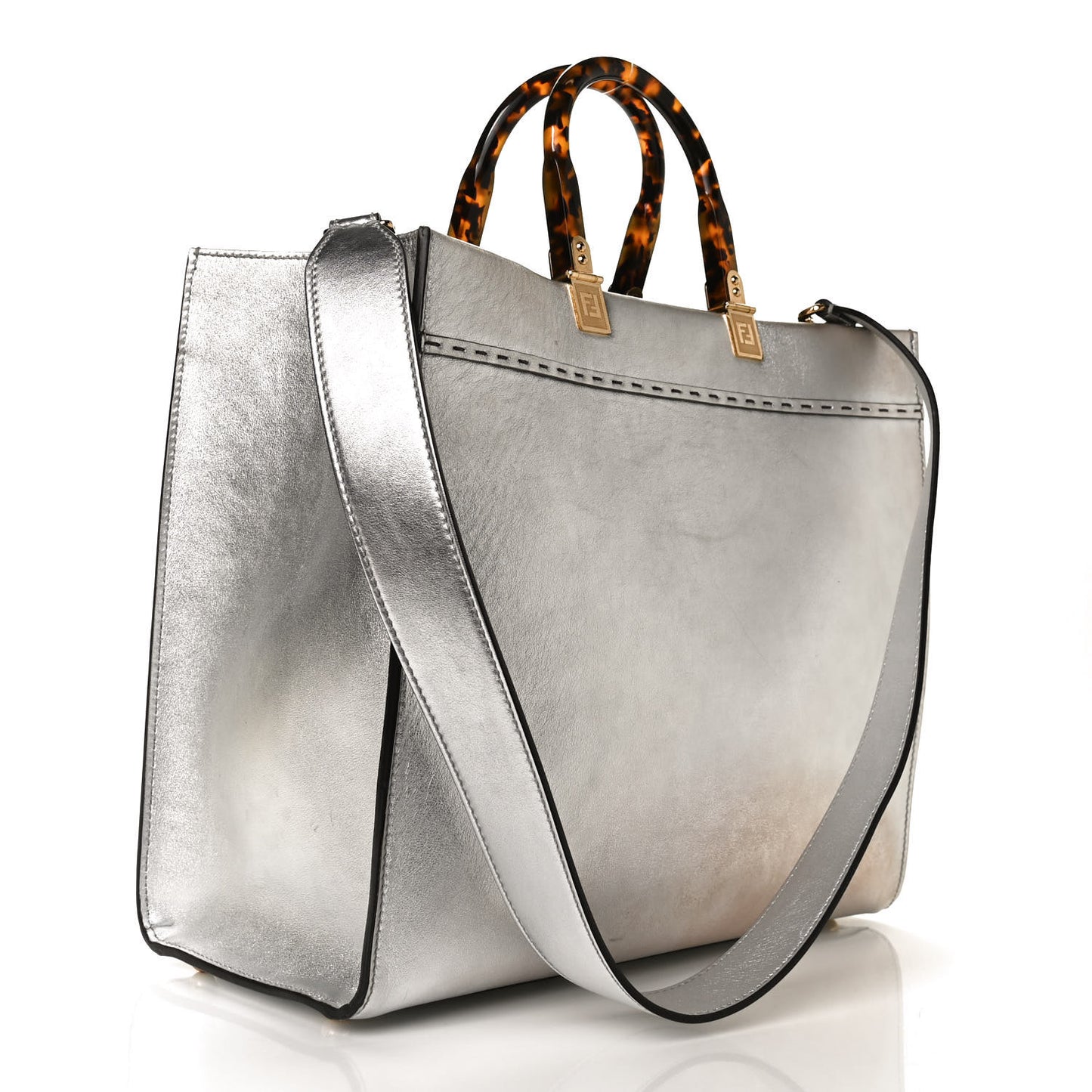 Vitello Catalan Mirror Plexiglass Logo Embossed Medium Fendi Sunshine Shopper Tote Argento