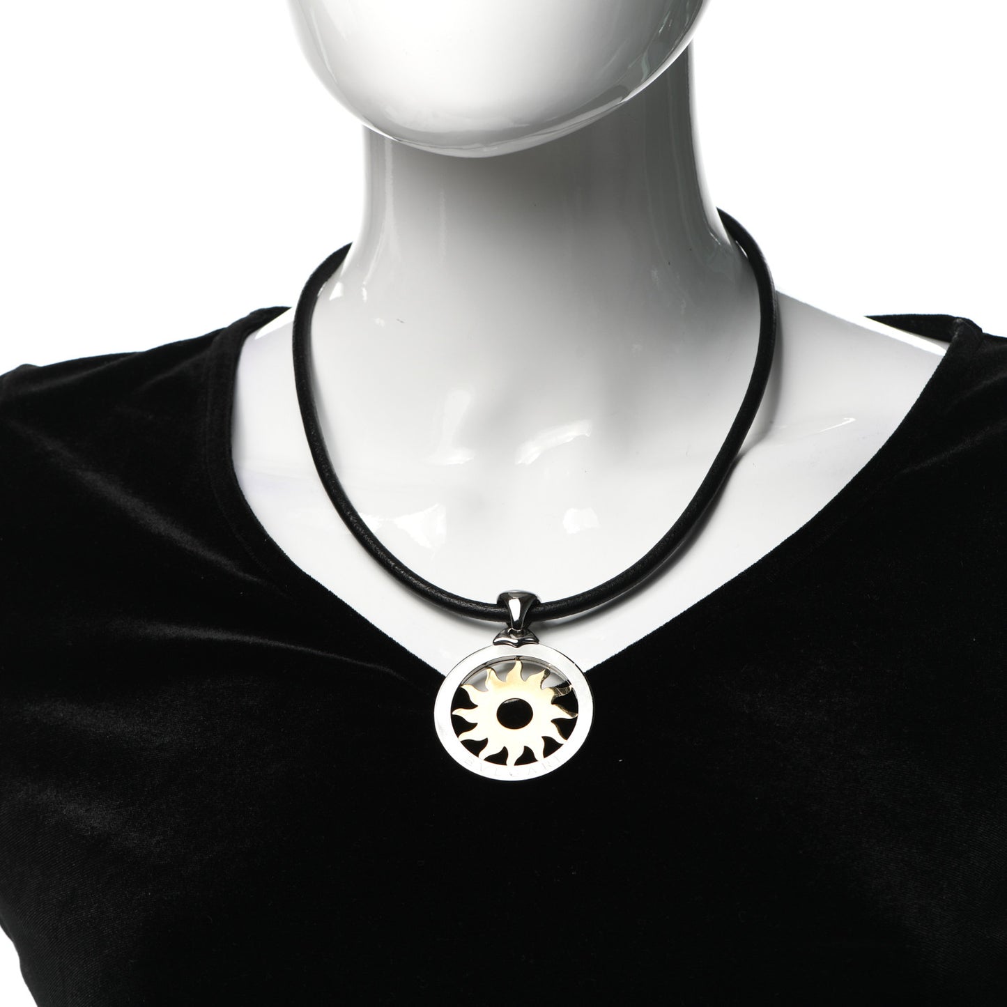 18K Yellow Gold Stainless Steel Calfskin Tondo Sun Pendant Necklace Black