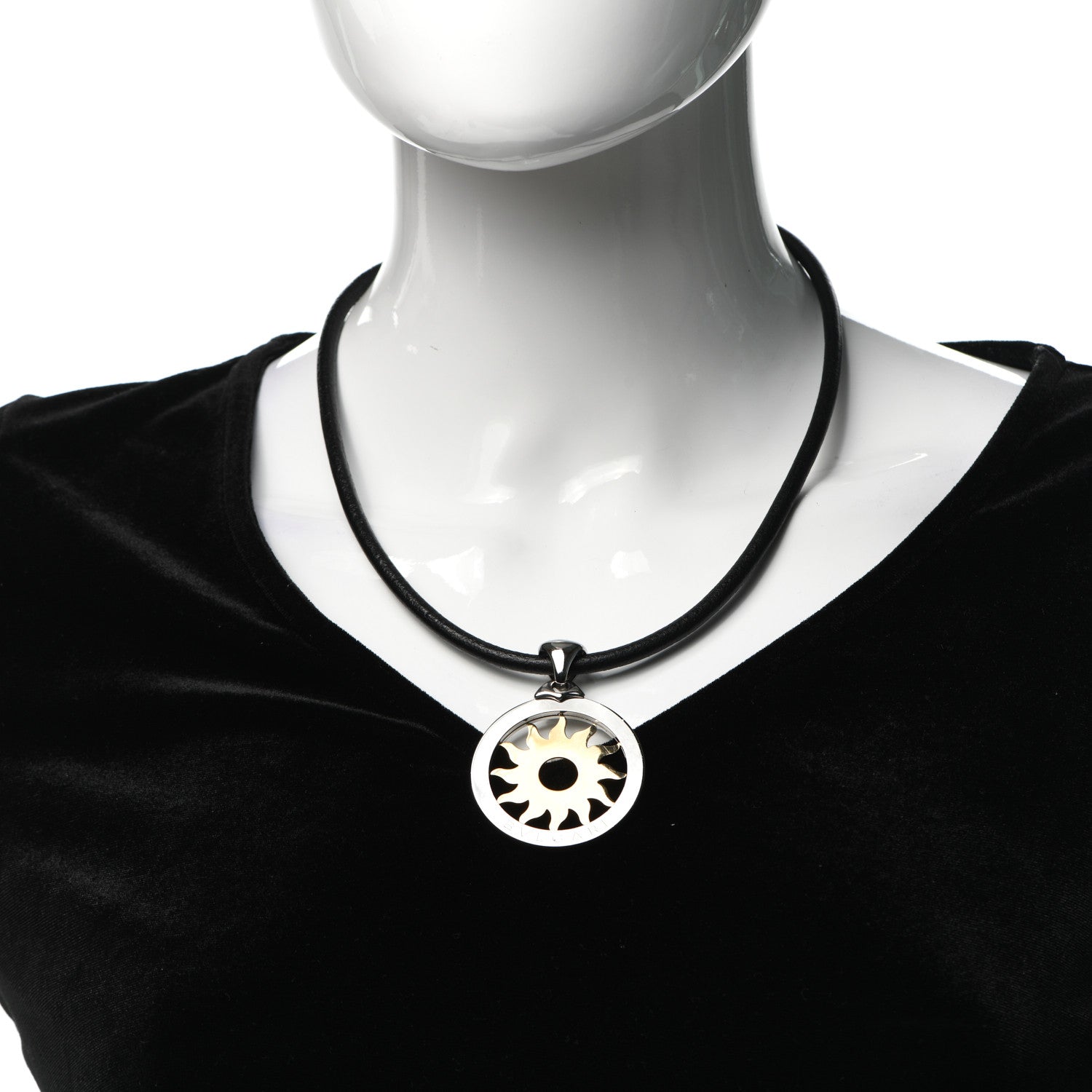 Bulgari 18K Yellow Gold Stainless Steel Calfskin Tondo Sun Pendant Necklace Black 2 of 4