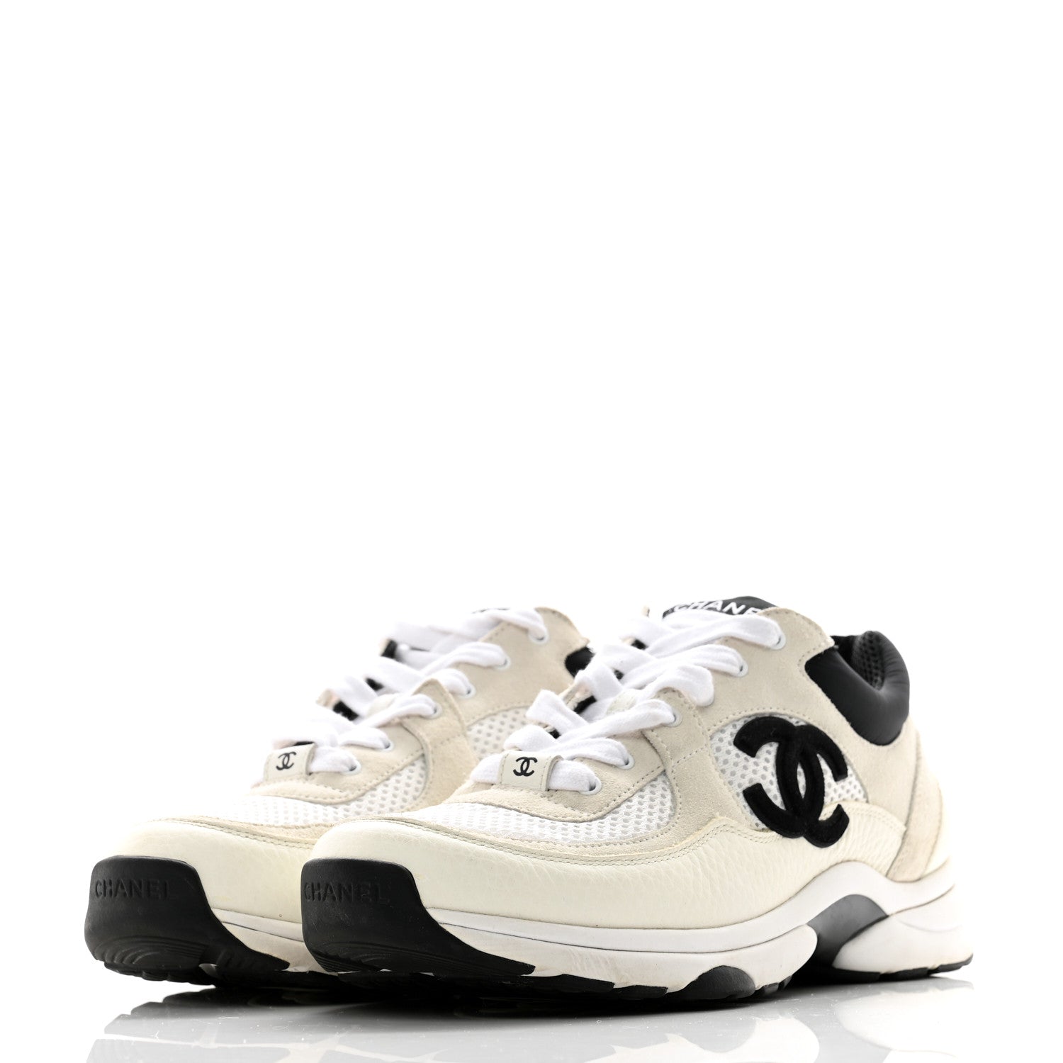 Chanel Mesh Suede Calfskin Grained Calfskin Womens CC Sneakers 39 White Black 3 of 12