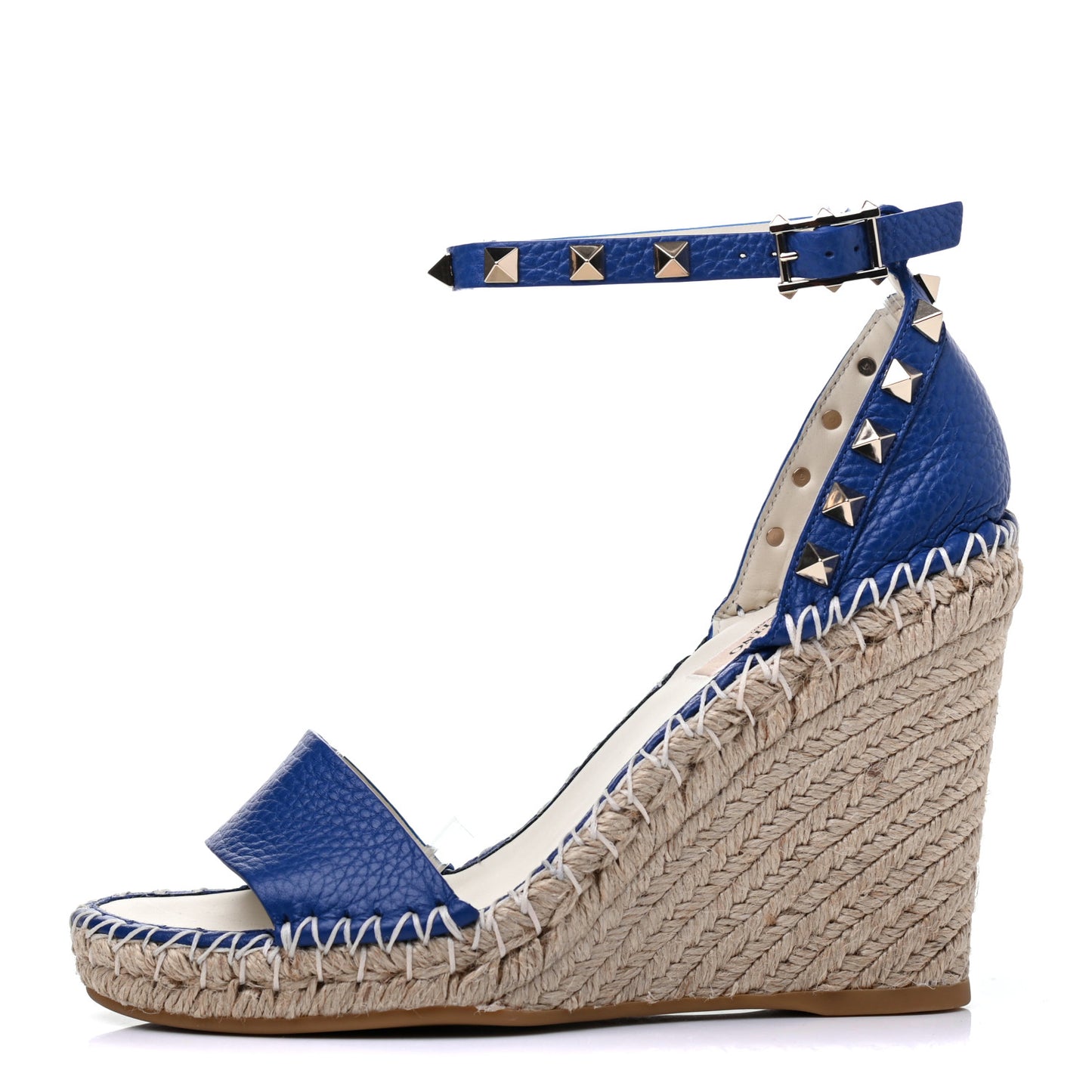 Grained Calfskin Rockstud Ankle Strap Espadrille 15/105mm Wedge Sandals 36 Blu Delft Natural