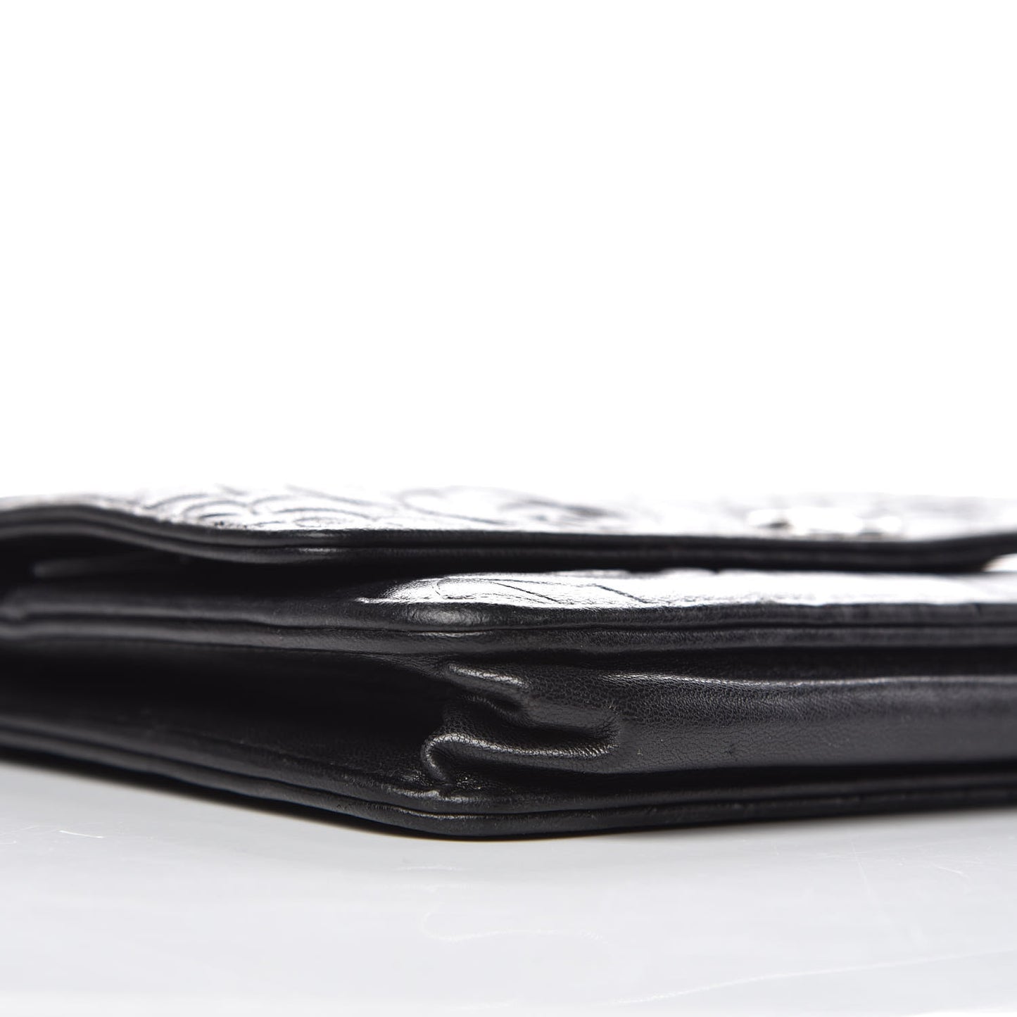 Lambskin Camellia Embossed Wallet on Chain WOC Black