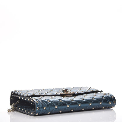 Valentino Garavani Metallic Wrinkled Lambskin Rockstud Spike Wallet On Chain Peacock 4 of 7