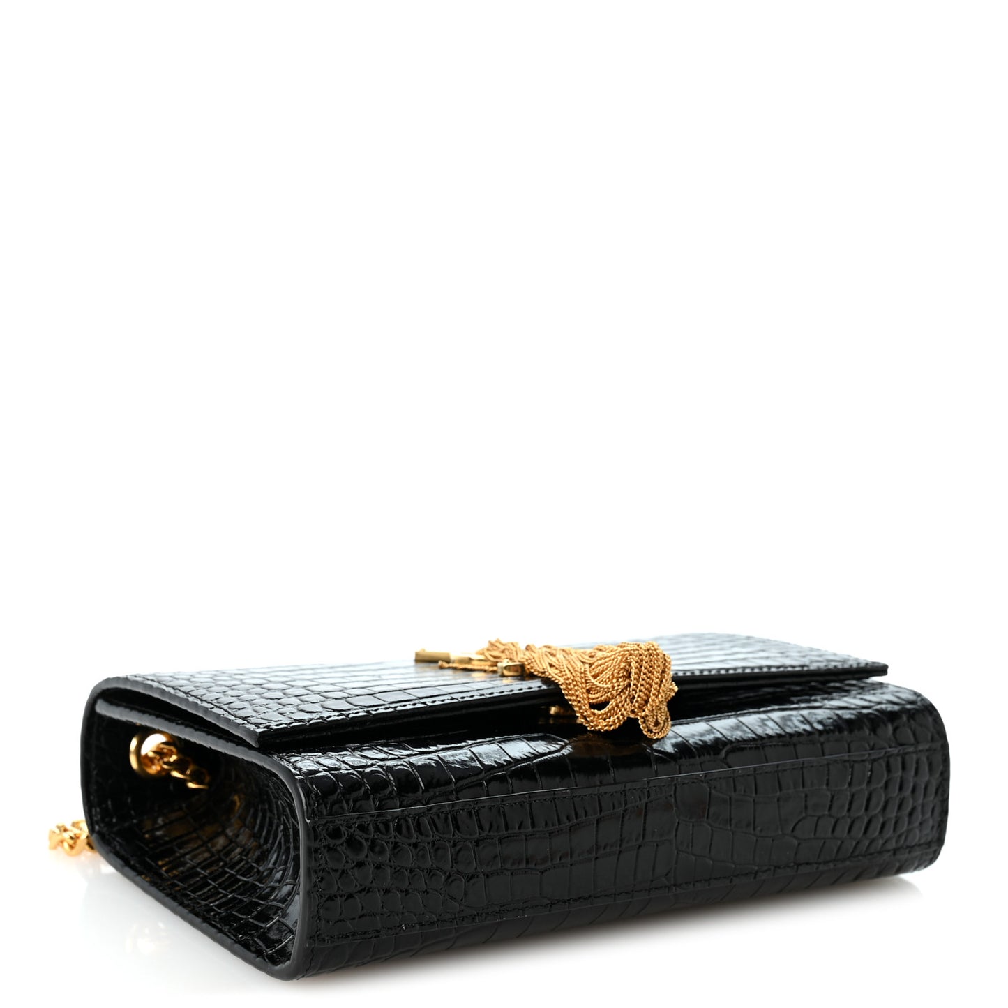Calfskin Crocodile Embossed Small Classic Monogram Kate Tassel Satchel Black