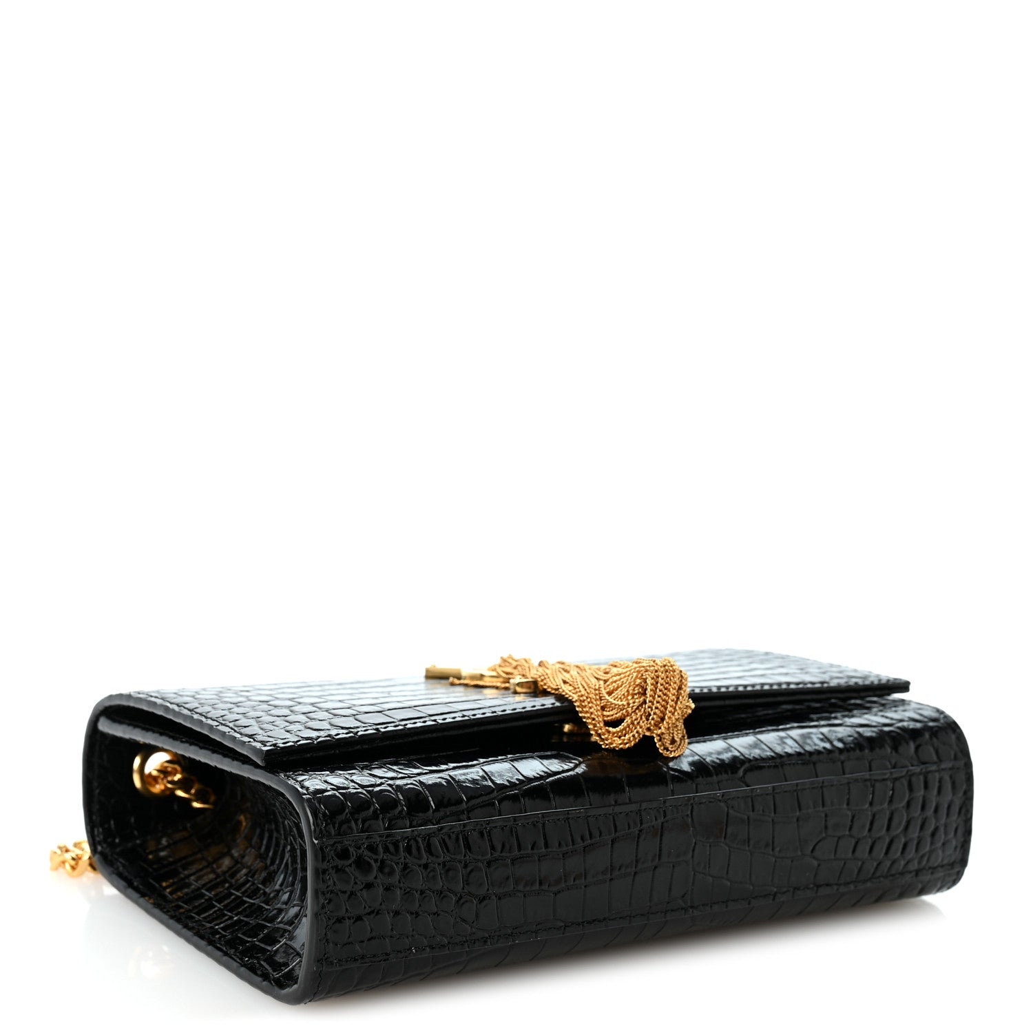 Saint Laurent Calfskin Crocodile Embossed Small Classic Monogram Kate Tassel Satchel Black 4 of 10