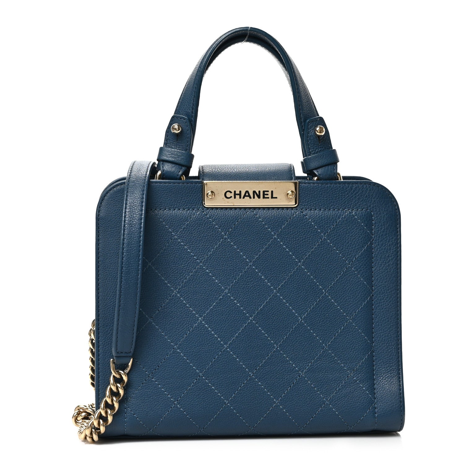 Chanel Grained Calfskin Stitched Small Label Click Shopper Tote Blue 1 of 9