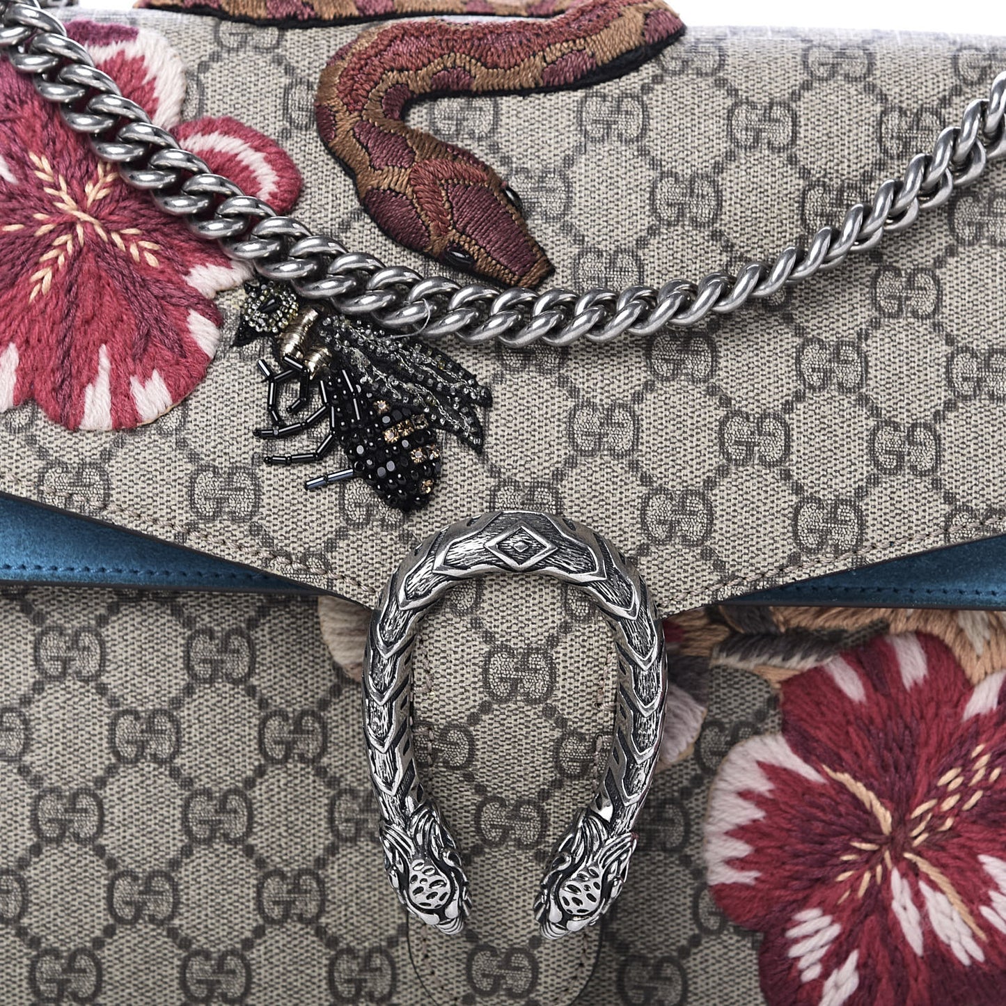 GG Supreme Monogram Bee Snake Embroidered Medium Dionysus Shoulder Bag Blue