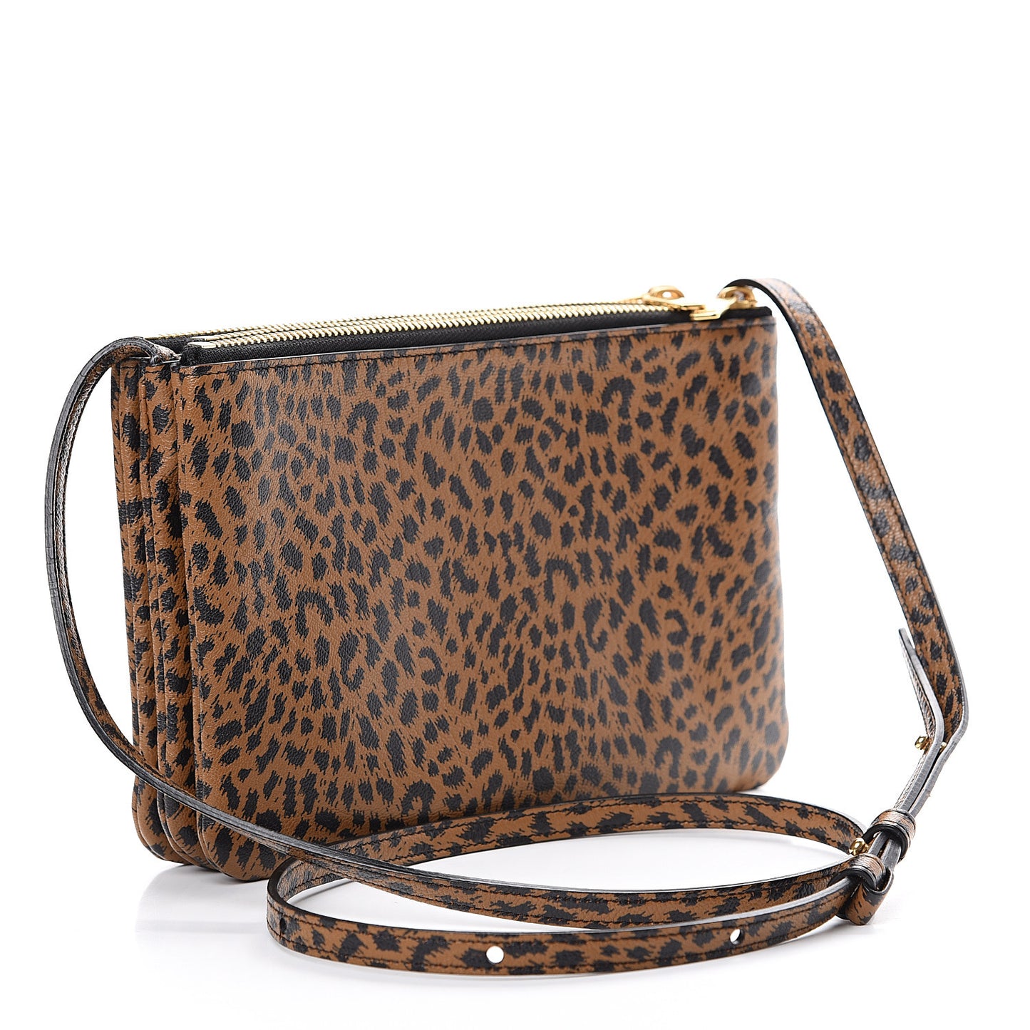 Goatskin Leopard Printed Small Trio Crossbody Bag Brown Black