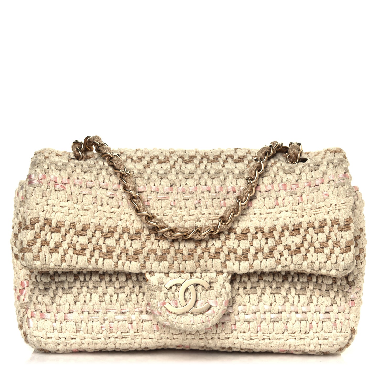 Tweed Chain Braid Small Single Flap Beige White