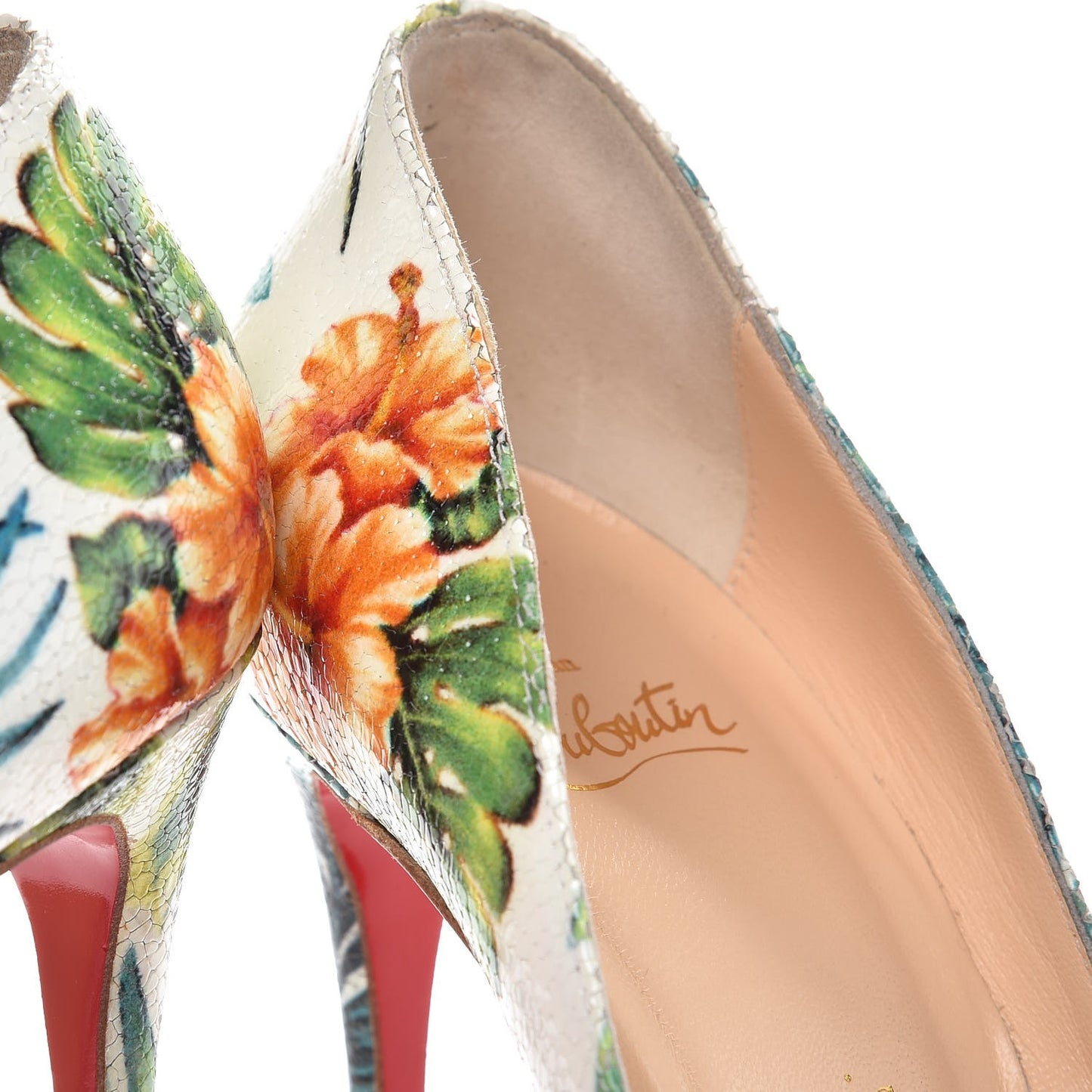 Crackled Calfskin Hawaiian Print Pigalle Follies 100 Pumps 38 White
