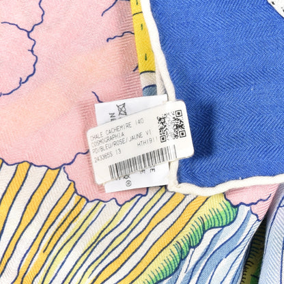 Hermes Cashmere Silk Cosmographia Shawl 140 Bleu Rose Jaune Vif 5 of 5