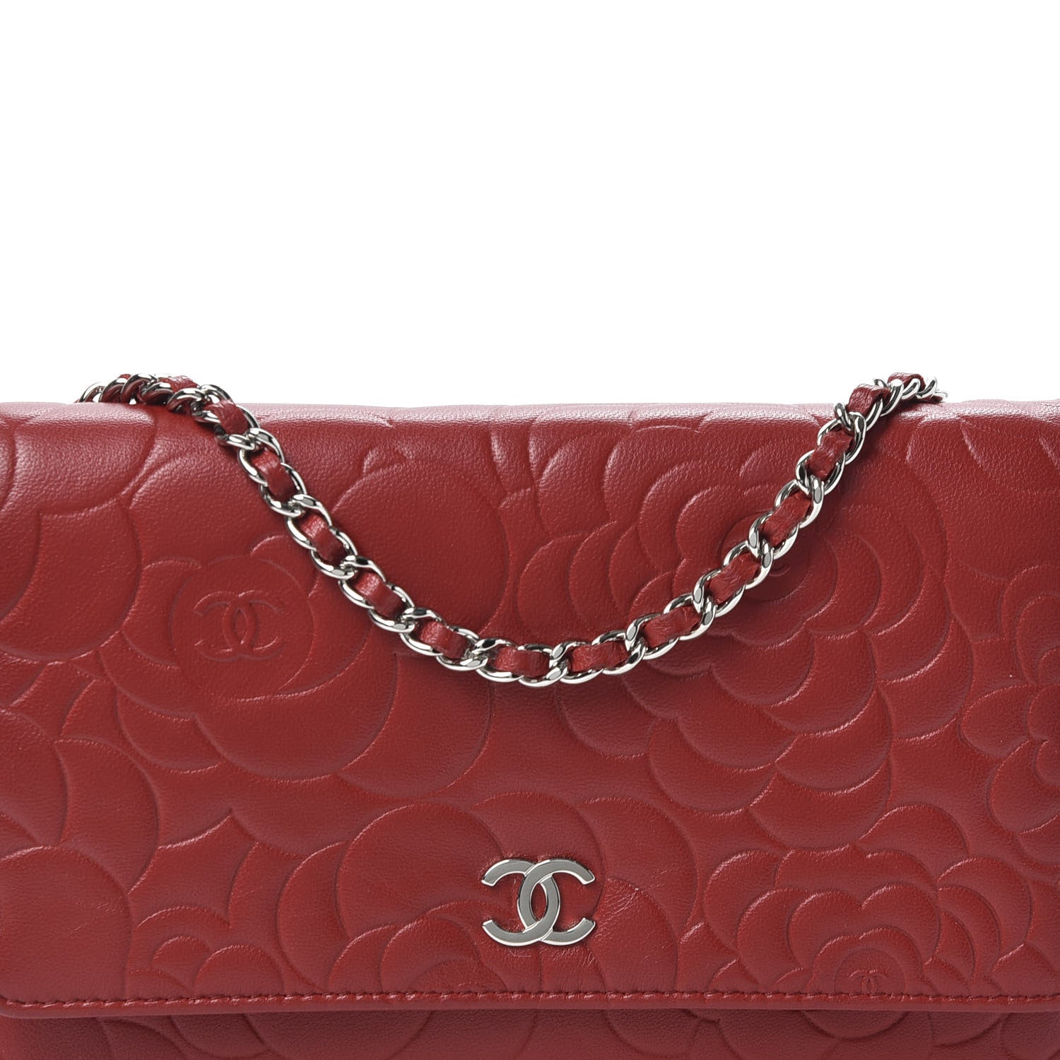 Chanel Lambskin Camellia Embossed Wallet On Chain WOC Red 10 of 11