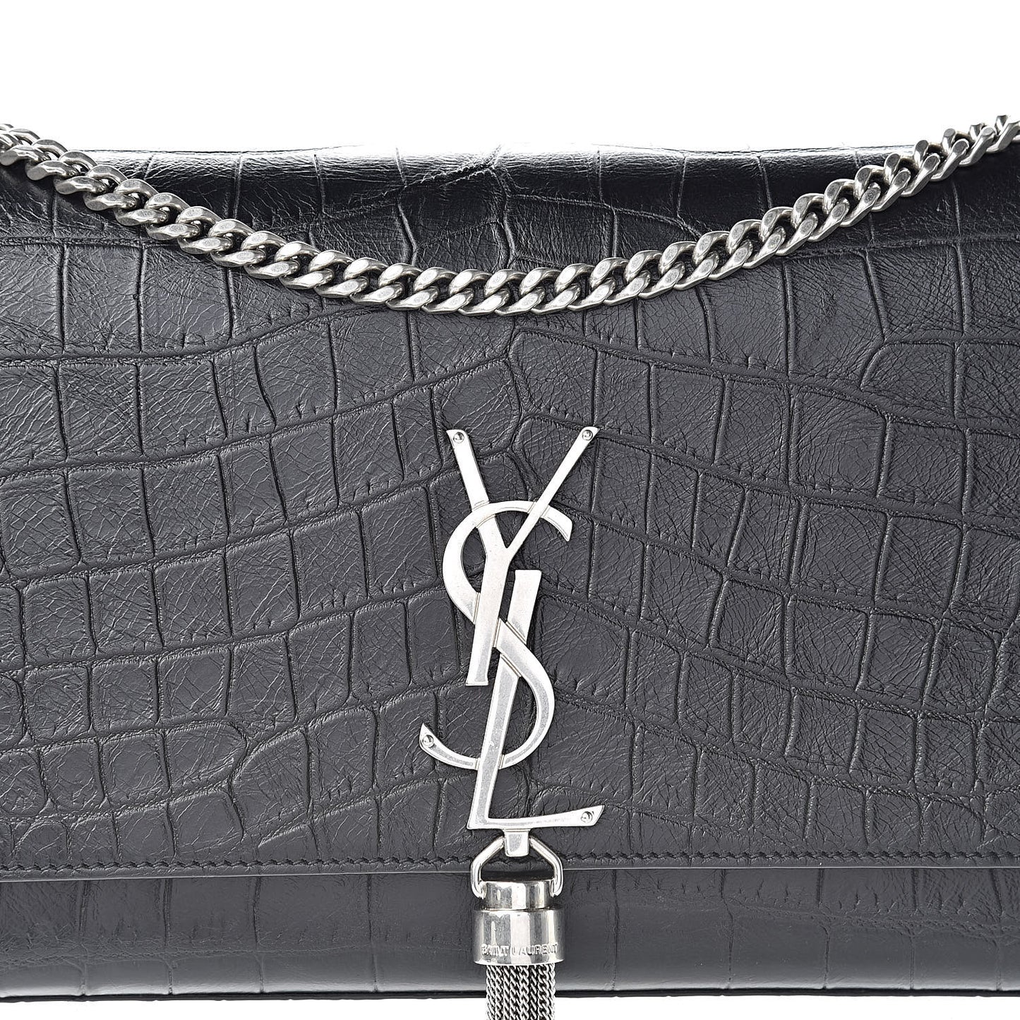 Calfskin Crocodile Embossed Medium Classic Monogram Kate Tassel Satchel Black