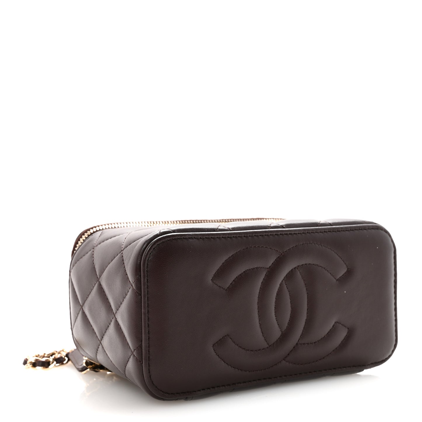 Lambskin Quilted Small Top Handle Vanity Case With Chain Dark Brown