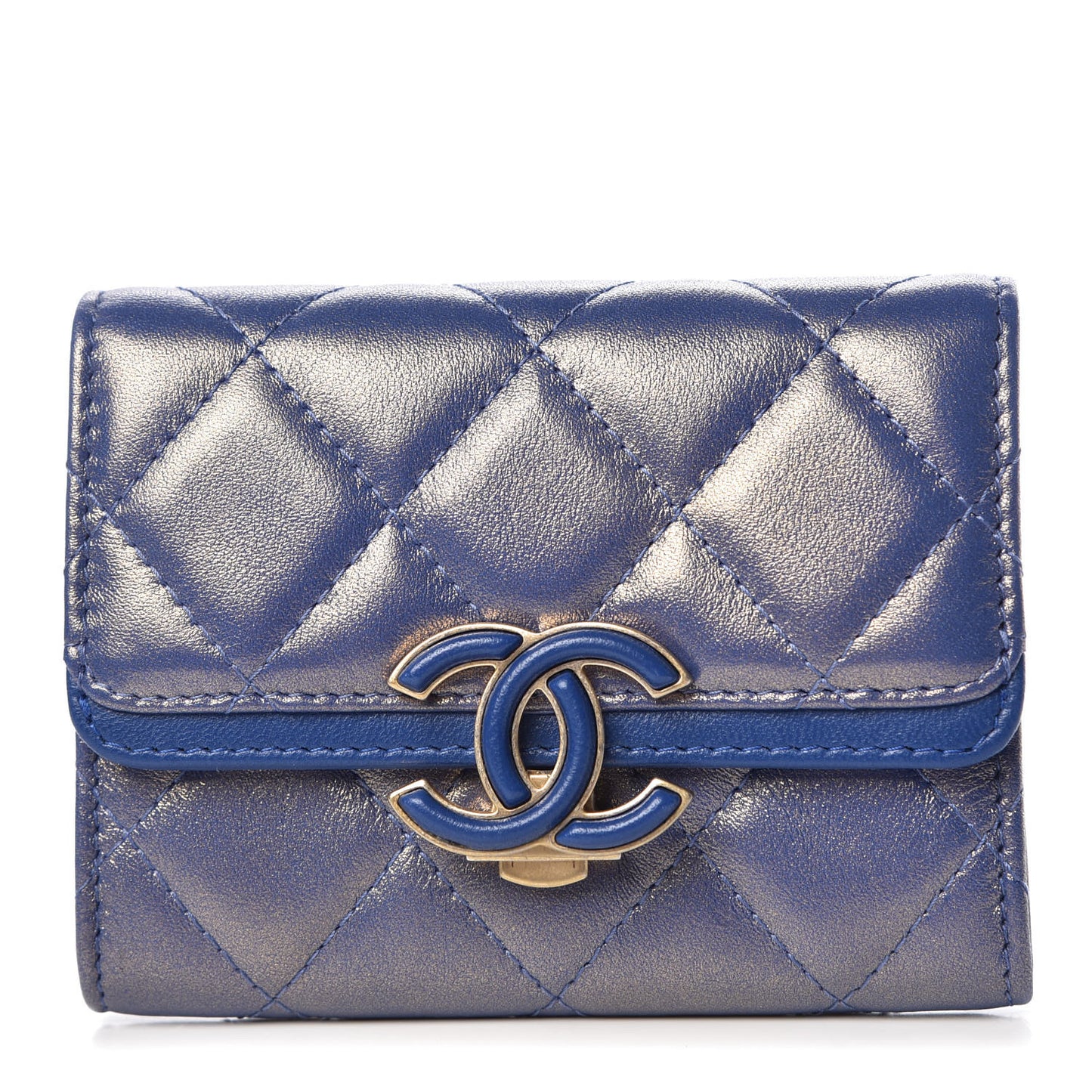 Iridescent Lambskin Quilted Card Holder Blue