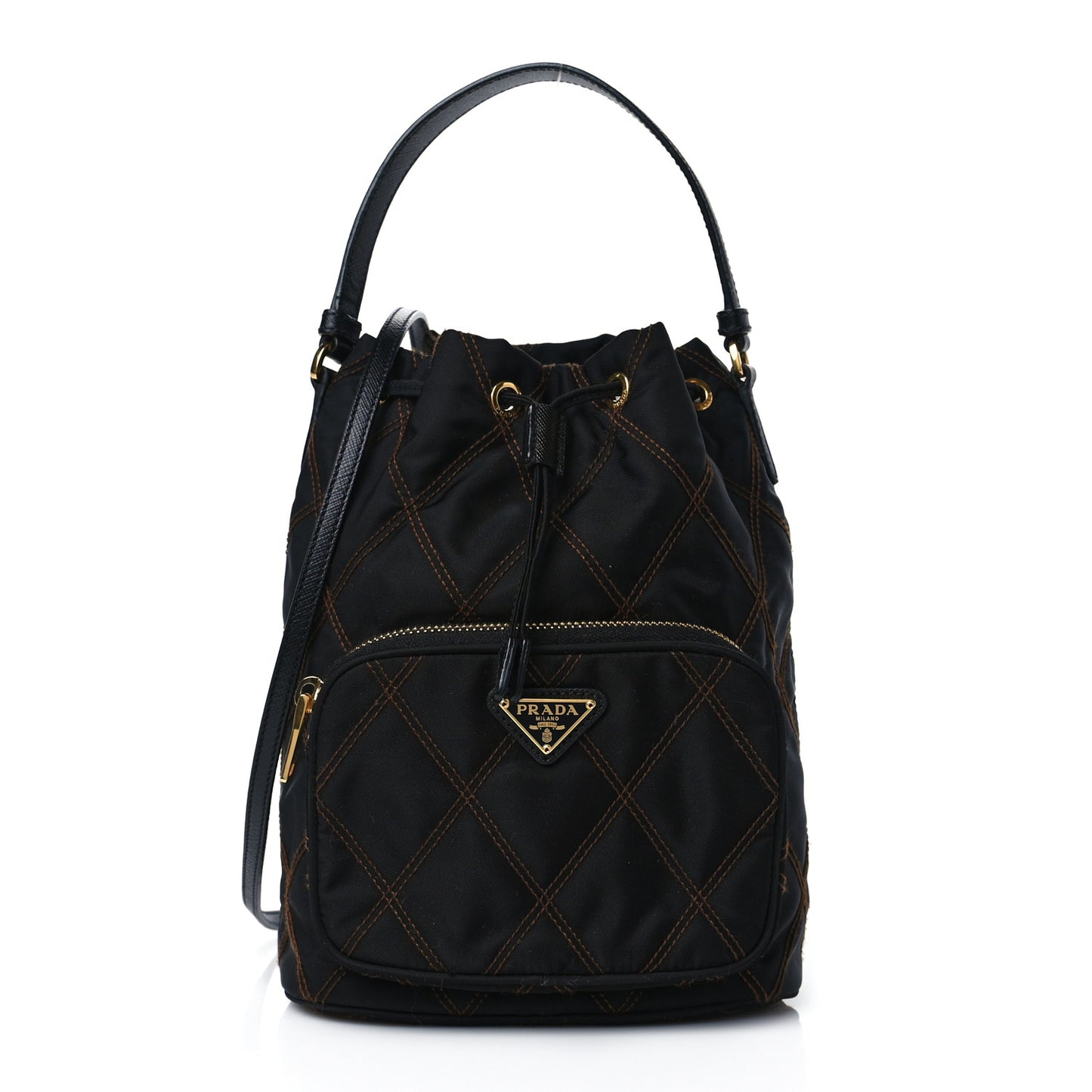 Saffiano Tessuto Nylon Impunturato Quilted Mini Bucket Crossbody Bag Black