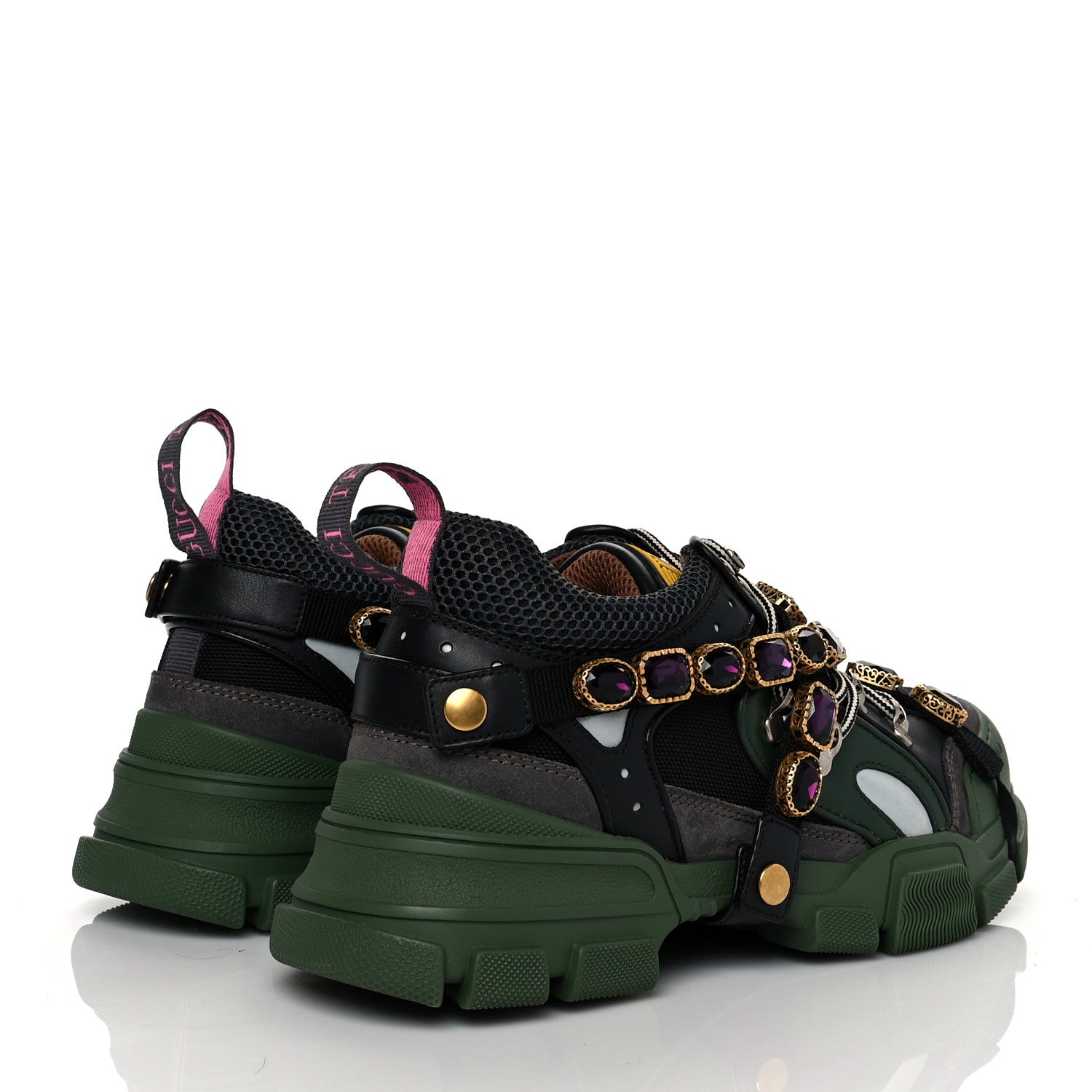 Gucci X SEGA Mesh Suede Calfskin Removable Crystals Mens Flashtrek Sneakers 8 Loess Black Olive Green 4 of 6