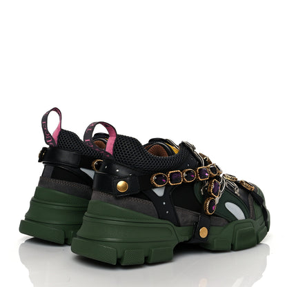 Gucci X SEGA Mesh Suede Calfskin Removable Crystals Mens Flashtrek Sneakers 8 Loess Black Olive Green 4 of 6