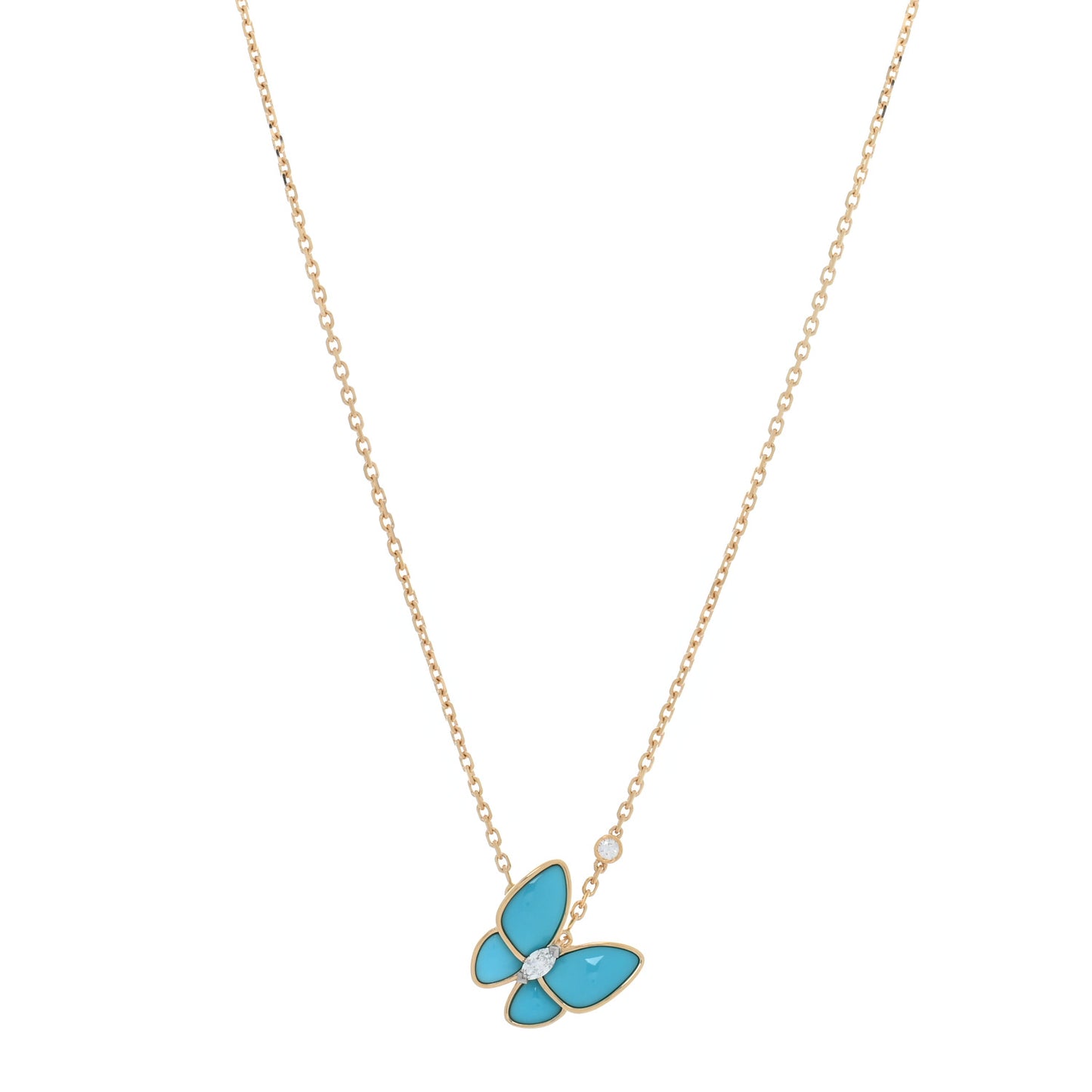 18K Yellow Gold Diamond Turquoise Two Butterfly Pendant Necklace