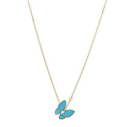 Van Cleef & Arpels 18K Yellow Gold Diamond Turquoise Two Butterfly Pendant Necklace 1 of 5