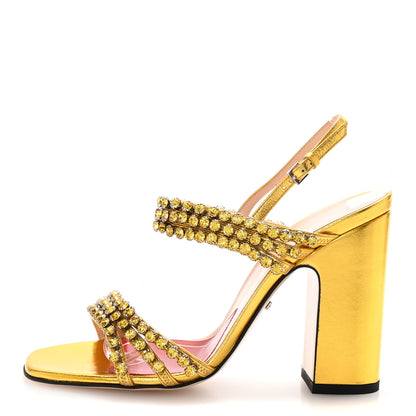 Gucci Nappa Silk Crystal Bertie High Heel Sandals 37.5 Gold 1 of 9