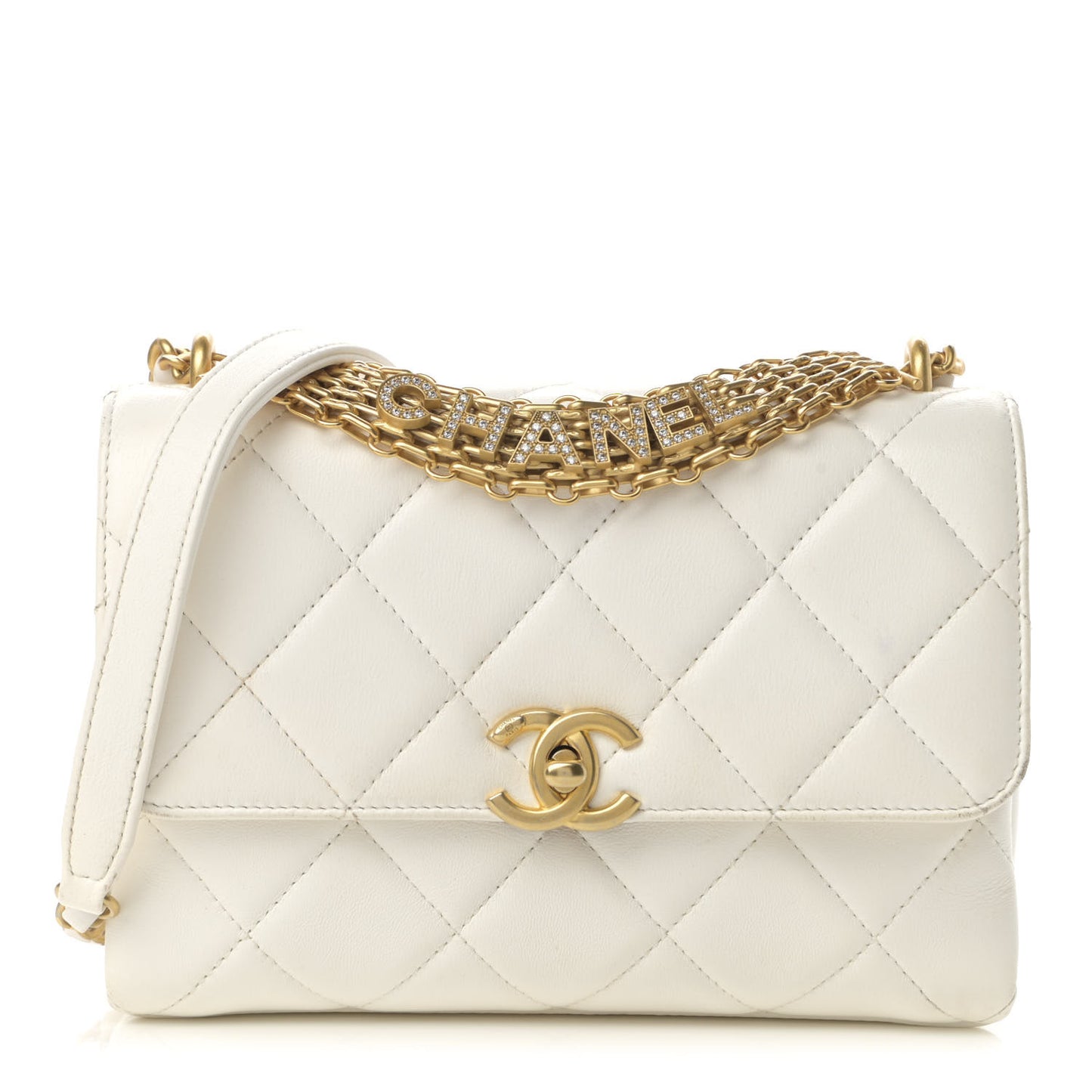 Lambskin Quilted Small CC Crystal Logo Chain Flap White