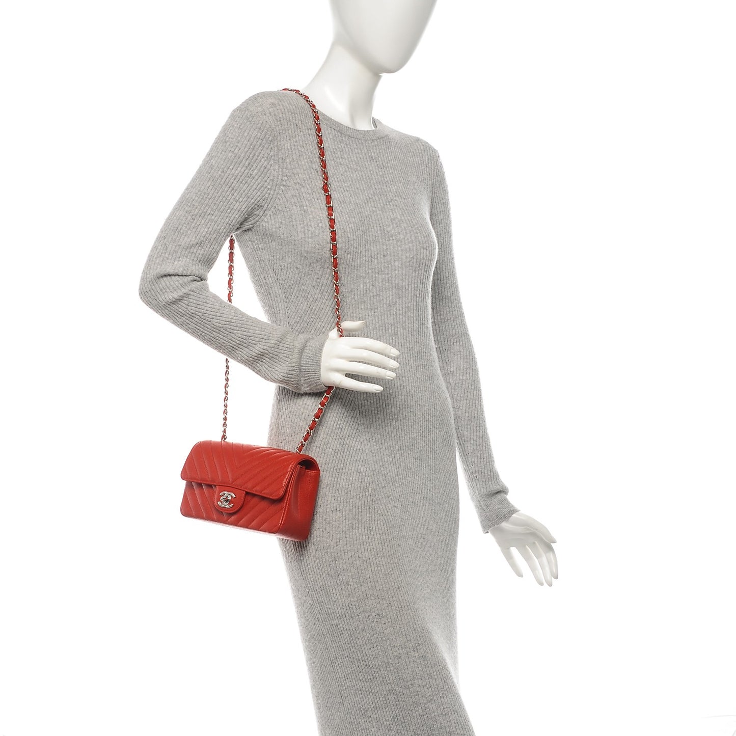 Caviar Chevron Quilted Mini Rectangular Flap Red