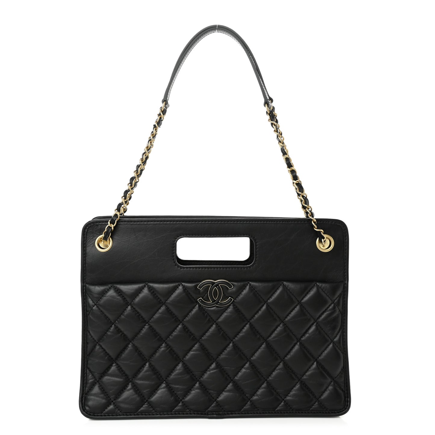 Aged Calfskin Quilted Graphic Catch Shopping Bag Black