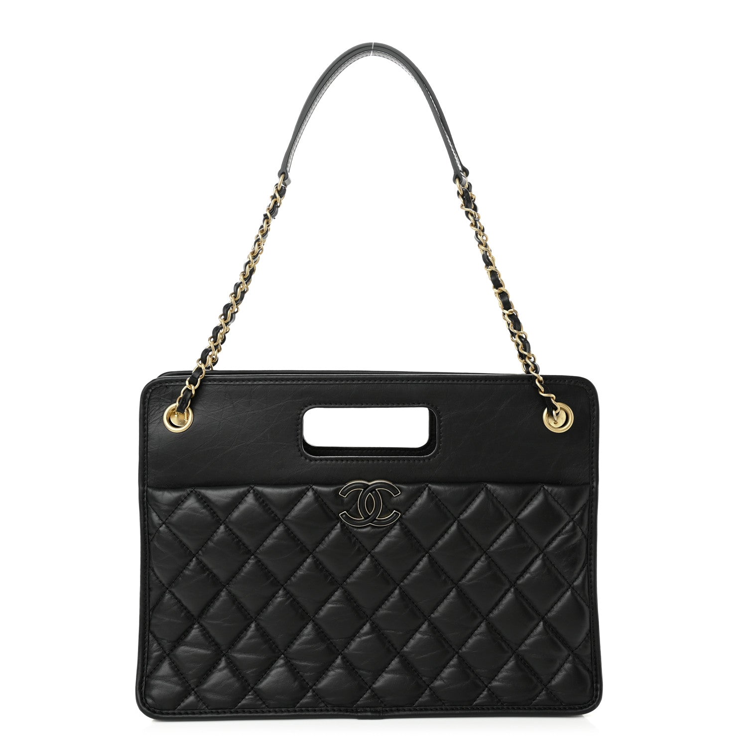 Chanel Aged Calfskin Quilted Graphic Catch Shopping Bag Black 1 of 9