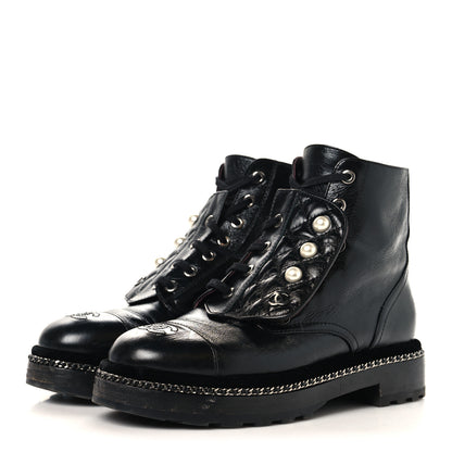 Chanel Crackled Calfskin Velvet Pearl Combat Short Boots 37.5 Black 4 of 9