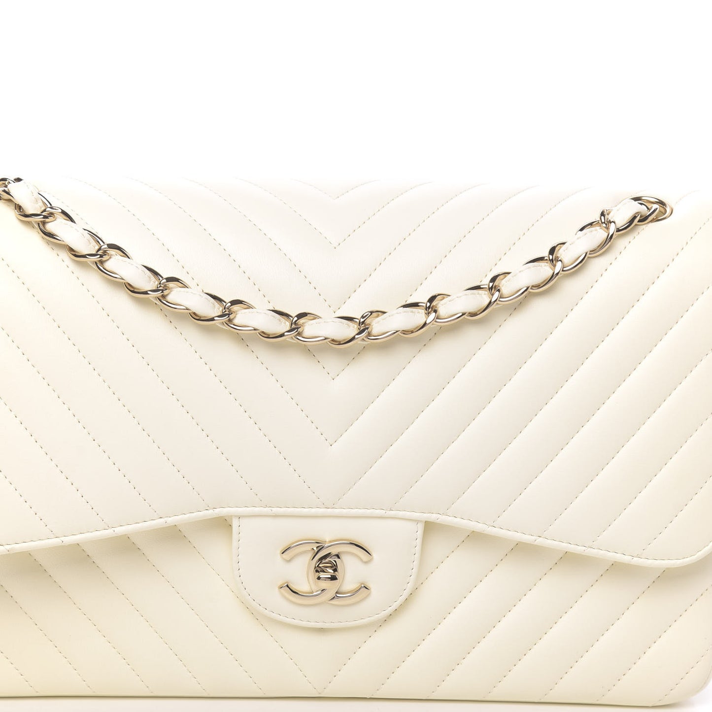 Lambskin Chevron Quilted Jumbo Double Flap White