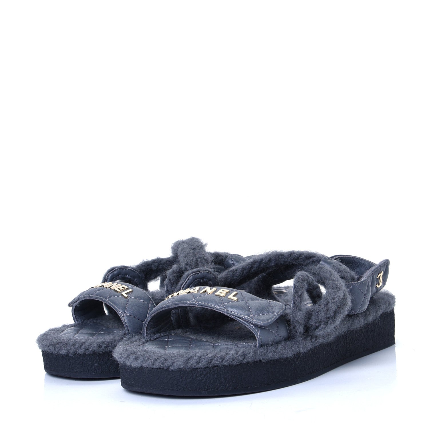 Chanel Cord Lambskin Quilted Logo Sandals 36 Dark Grey 2 of 4