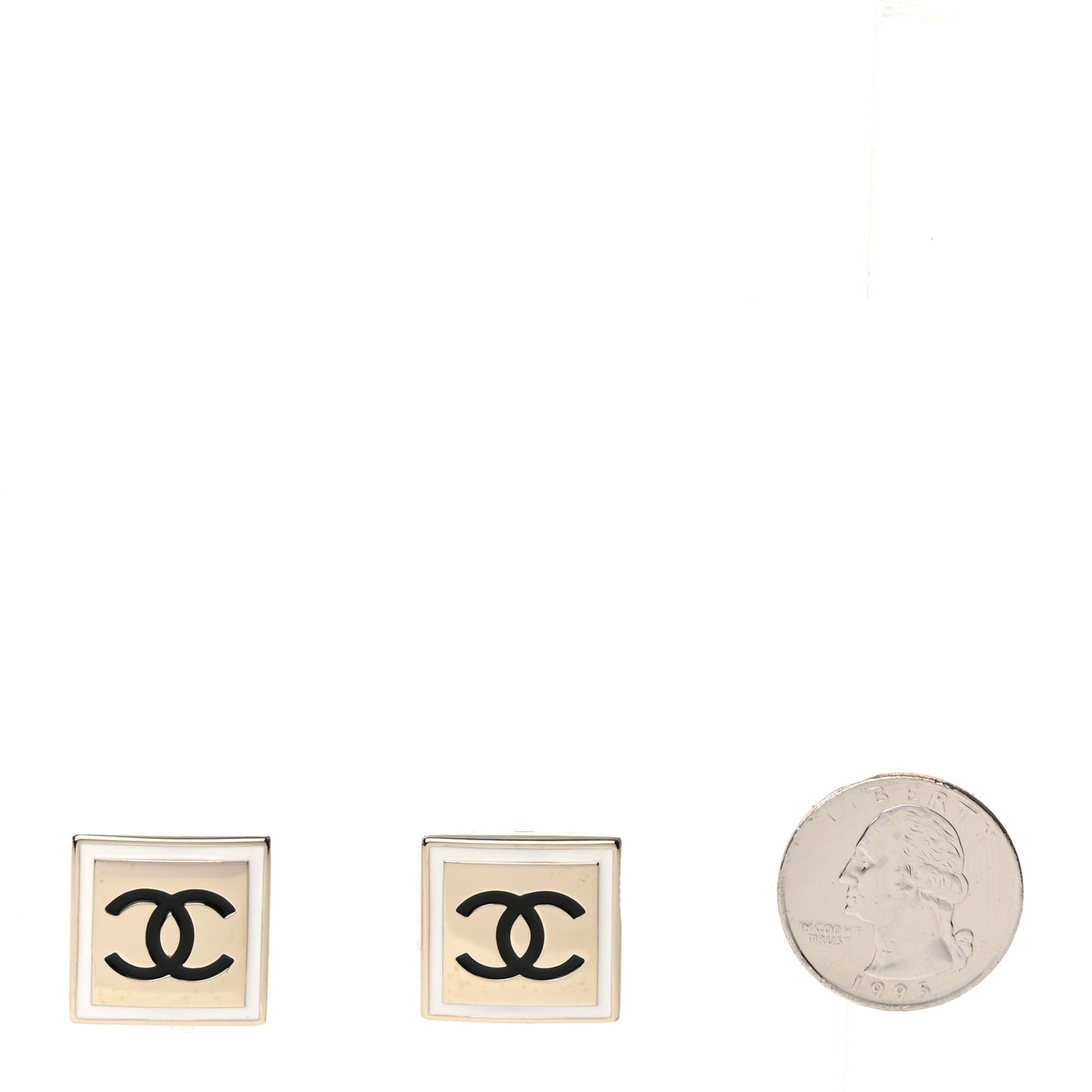 Metal Enamel CC Square Earrings Gold Black White