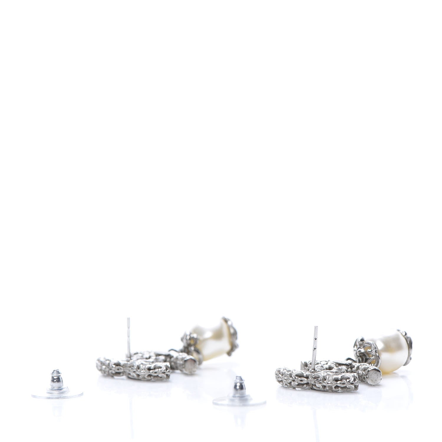 Chanel Pearl Textured CC Drop Earrings Silver 3 of 5