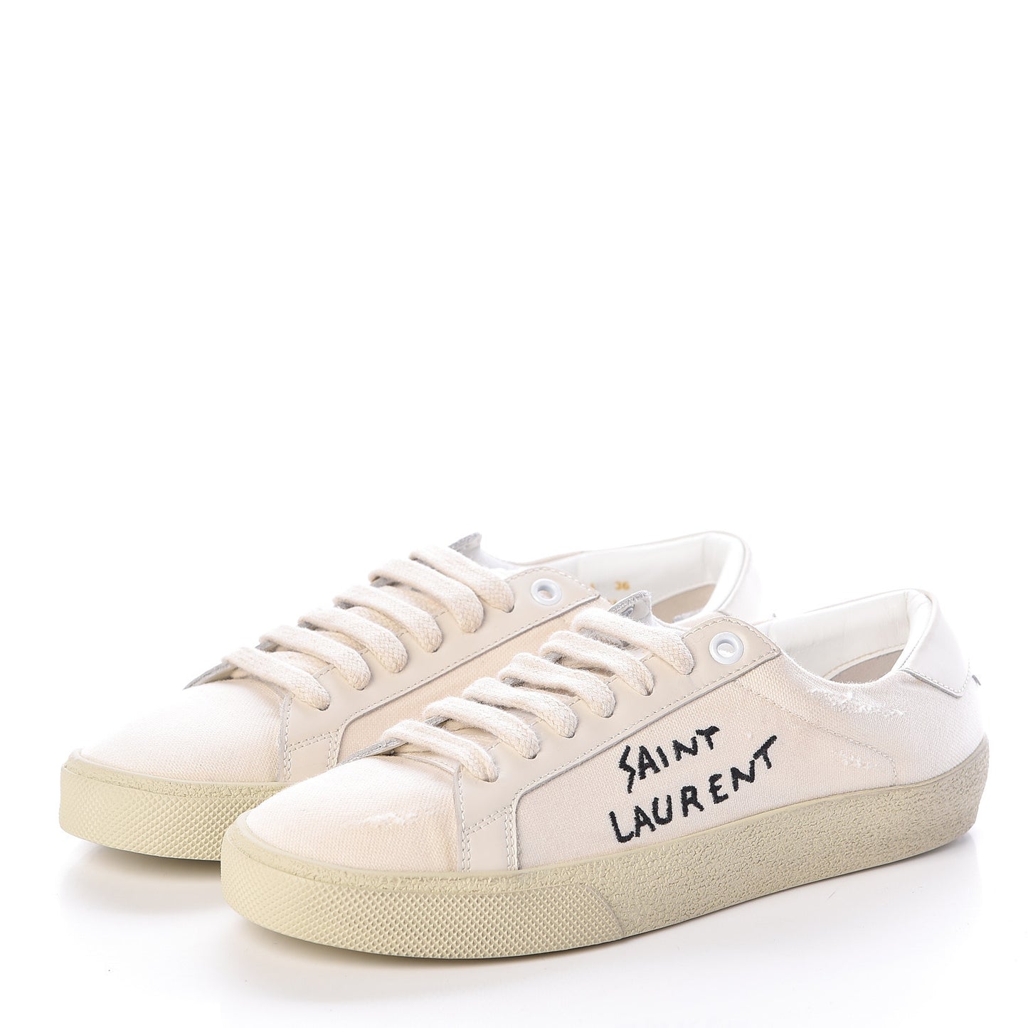 Distressed Canvas Court Classic Sneakers 36 Panna