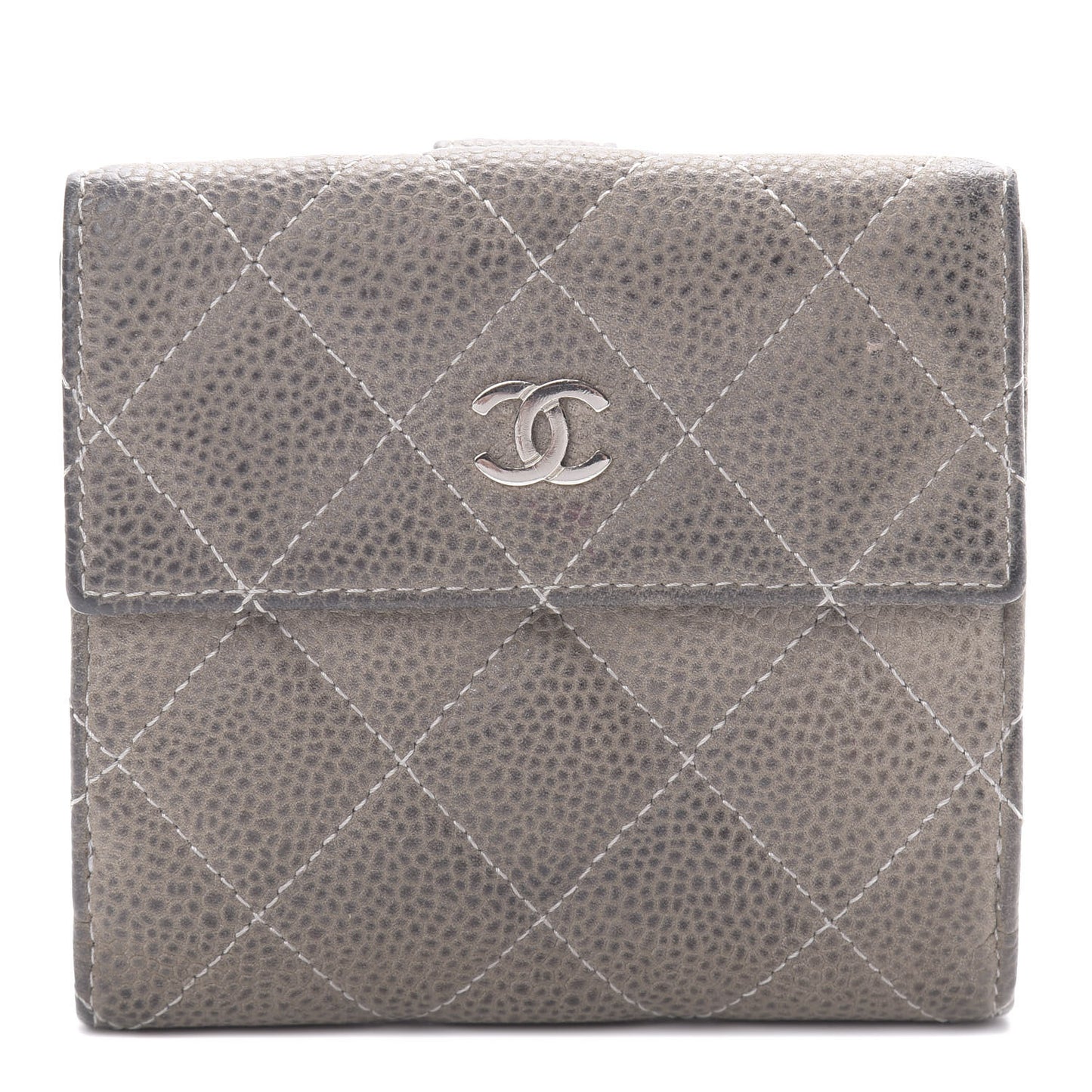 Iridescent Caviar Quilted Compact French Flap Wallet Grey