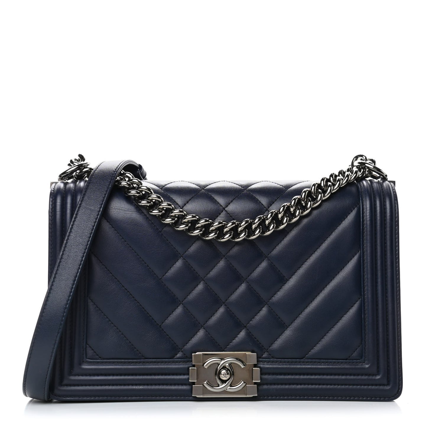 Calfskin Chevron Quilted New Medium Boy Flap Navy Blue