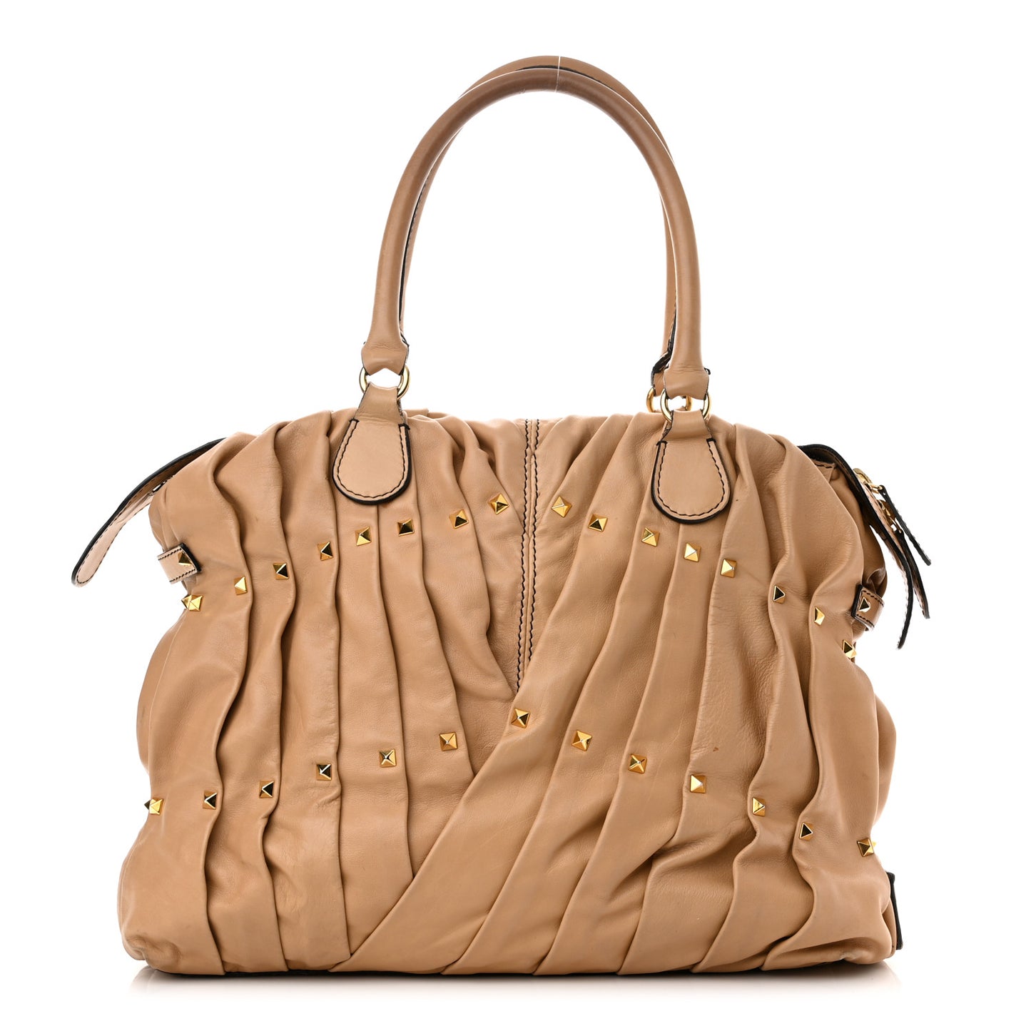 Lambskin Pleated Studded Maizeon Tote Tan