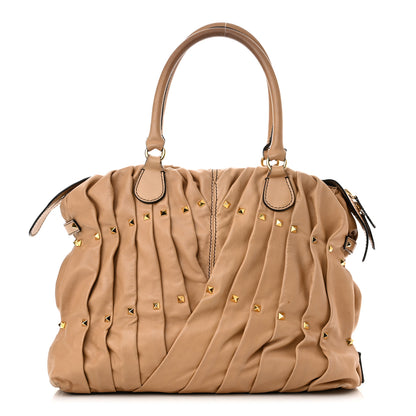 Valentino Garavani Lambskin Pleated Studded Maizeon Tote Tan 1 of 16