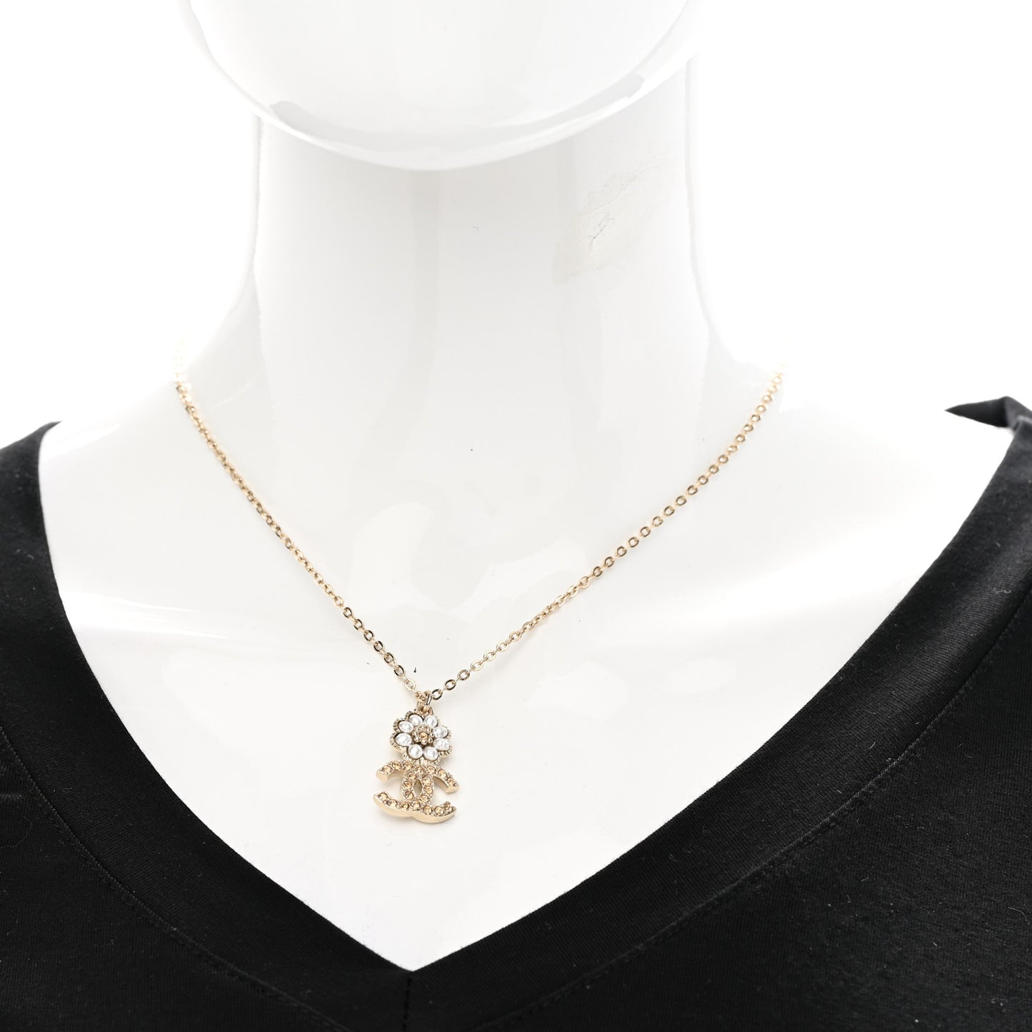 Pearl Crystal CC Flower Pendant Necklace Gold Light Brown Pearly White